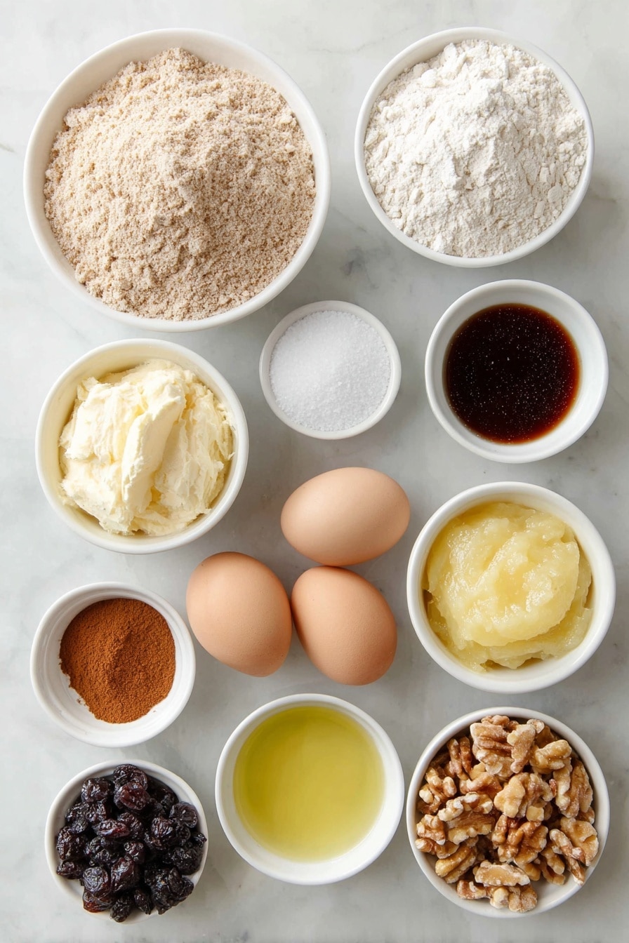 Flat lay of a small mound of light brown wheat bran, a neat pile of whole wheat pastry flour with a warm beige tone, a small white ceramic bowl of fine white baking powder, a tiny white ceramic bowl holding light off-white baking soda powder, a pinch of coarse salt grains on a white ceramic dish, a small heap of ground cinnamon with a reddish-brown hue, a small white ceramic bowl filled with dark amber molasses, a small white ceramic bowl with glossy light brown coconut sugar, a small white ceramic bowl of smooth, pale applesauce, two whole uncracked brown eggs, a small white ceramic bowl with creamy off-white vanilla almond milk, a small white ceramic bowl containing golden melted coconut oil, a small white ceramic bowl of translucent apple cider vinegar, a small pile of dark brown raisins, a small cluster of fresh deep blue blueberries with a light bloom, and a small handful of chopped light brown walnuts, all arranged symmetrically and balanced in proportion on a clean white marble surface, soft natural light, photo taken with an iPhone, professional food photography style, fresh ingredients, white ceramic bowls, no bottles, no duplicates, no utensils, no packaging --ar 2:3 --v 7 --p m7354615311229779997 - Healthy Bran Muffins with Whole Grains, nutritious breakfast muffins, fiber-rich muffin recipes, homemade healthy muffins, easy whole grain baking