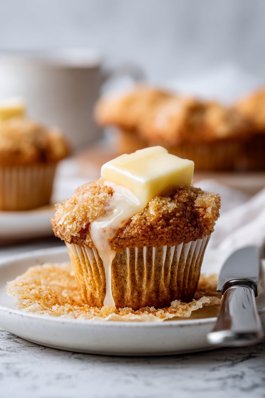A close-up of a muffin sitting on a white plate with its paper wrapper peeled down, showing its crumbly light brown inside. The muffin is topped with a square of melting butter dripping down its side. The plate is on a white marbled surface with a silver knife resting beside it. In the background, there are more muffins out of focus on the same white marbled texture. photo taken with an iphone --ar 2:3 --v 7 - Healthy Bran Muffins with Whole Grains, nutritious breakfast muffins, fiber-rich muffin recipes, homemade healthy muffins, easy whole grain baking