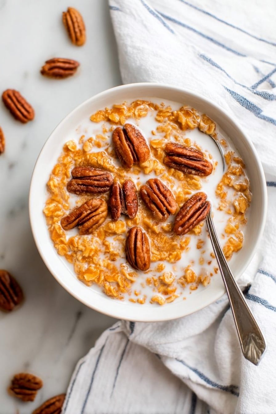 A white bowl filled with light brown oatmeal topped with whole shiny pecans arranged evenly on the surface. The oatmeal is soft and looks creamy, partly covered by white milk pooling around the edges. The bowl sits on a white marbled surface with scattered pecans and cinnamon sticks nearby. A silver spoon rests on a blue and white checkered cloth to the right side of the bowl, adding a cozy touch. The light is soft and natural, highlighting the textures of the oatmeal and nuts. photo taken with an iphone --ar 2:3 --v 7 - Creamy Pumpkin Oatmeal with Warm Spices, pumpkin oatmeal recipe, cozy fall breakfast, healthy pumpkin oatmeal, easy breakfast with pumpkin