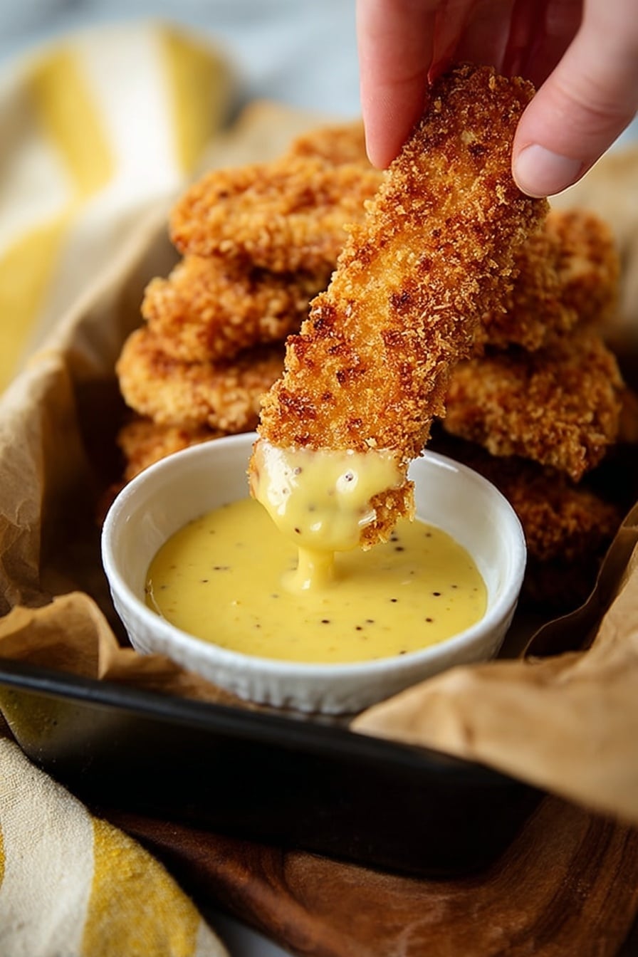 A woman's hand is dipping a golden brown, crispy breaded strip into a small white bowl filled with thick, creamy yellow sauce with small visible mustard seeds. The bowl is placed inside a black container lined with brown parchment paper, which holds more of the crunchy breaded strips stacked loosely. The background shows a white marbled texture with a soft blurred effect, and a yellow and white striped cloth is partly visible on the left side. photo taken with an iphone --ar 2:3 --v 7 - Crispy Saltine Chicken Tenders, crispy chicken tenders, saltine cracker chicken, easy chicken tenders recipe, crunchy chicken tenders