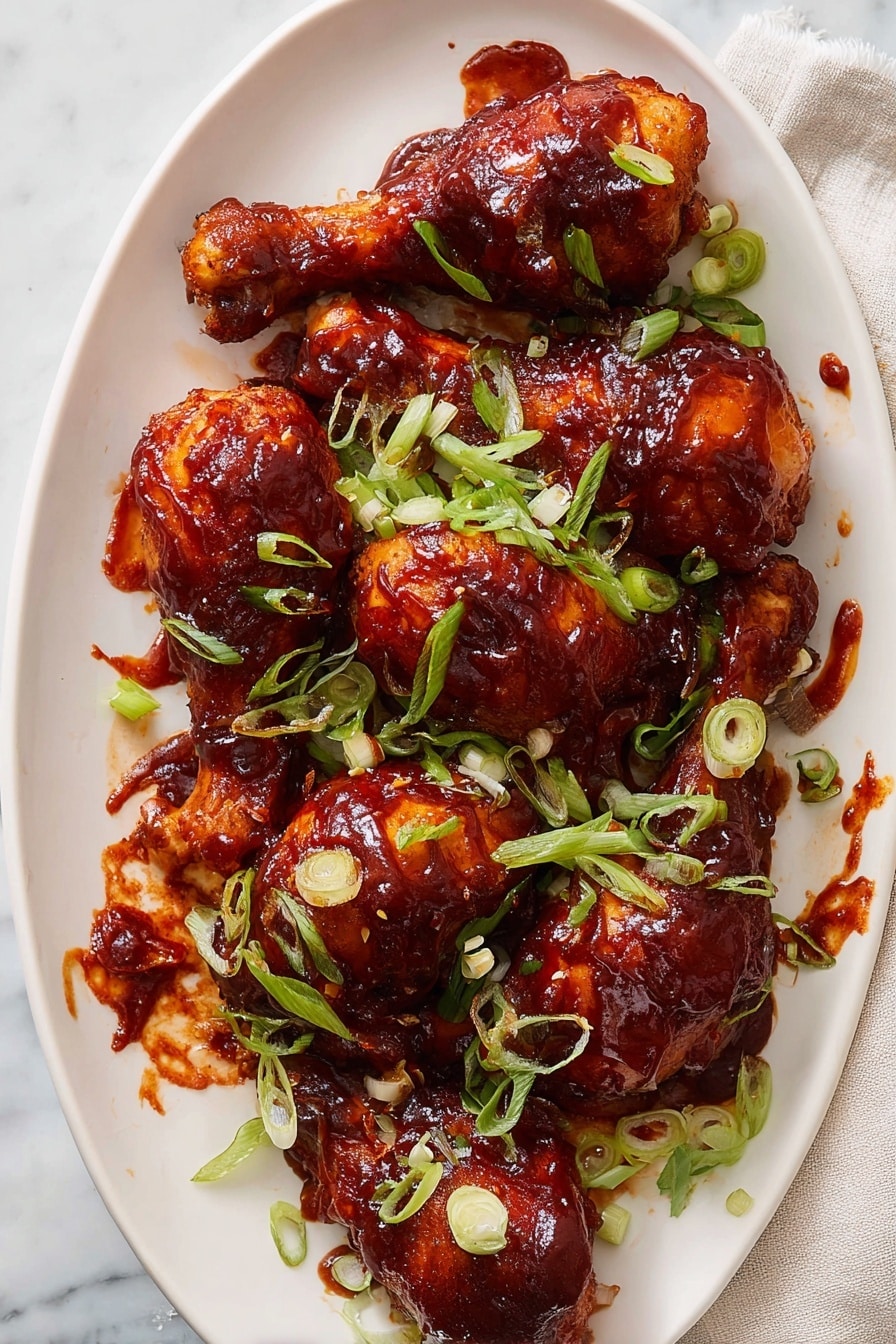 A white oval plate holds eight chicken drumsticks all covered in shiny dark red barbecue sauce with a sticky, rich look. The drumsticks are layered piled close together, showing the uneven texture of the cooked skin underneath the sauce. Bright green sliced scallions are spread over the chicken, adding fresh color and thin round shapes. Some sauce has dripped onto the plate edges. The plate sits on a white marbled surface, and there is a bit of a light cloth visible at the top right corner. Photo taken with an iphone --ar 2:3 --v 7 - Baked BBQ Chicken Drumsticks, BBQ Chicken Drumsticks, Homemade BBQ Chicken, Juicy Baked Chicken Drumsticks, Easy Chicken Dinner