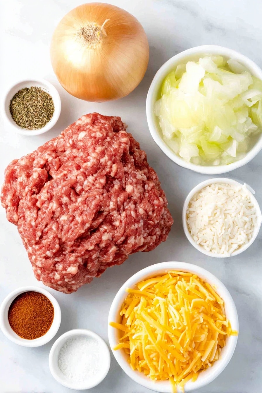 Flat lay of fresh ground beef in a mound, a small sweet onion whole with smooth golden skin, four whole garlic cloves unpeeled, two simple white ceramic bowls—one filled with creamy light green celery soup, the other with rich brown beef stock, a small white bowl of mixed dried Italian herbs, a small white bowl containing bright red paprika powder, a small white bowl of coarse kosher salt, a small white bowl with cracked black peppercorns, a small white bowl of instant white rice grains, a small white bowl with vibrant frozen mixed vegetables (carrots, peas, green beans, corn), and a generous pile of shredded sharp cheddar cheese with bright orange hue, all arranged with perfect symmetry on a clean white marble surface, soft natural light, photo taken with an iPhone, professional food photography style, fresh ingredients, white ceramic bowls, no bottles, no duplicates, no utensils, no packaging --ar 2:3 --v 7 --p m7354615311229779997 - Cheesy Ground Beef and Rice Casserole, ground beef casserole recipes, easy cheesy beef rice dish, hearty comfort food dinner, quick weeknight casserole