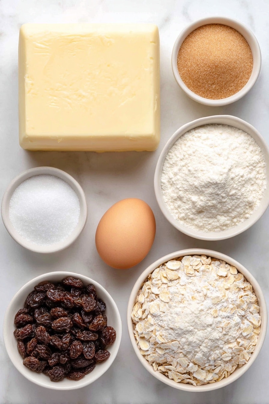 Flat lay of a few chunks of unsalted butter, a small white ceramic bowl of light brown sugar, a small white ceramic bowl of white granulated sugar, one whole uncracked medium egg with a clean shell, a small white ceramic bowl of plain flour, a small white ceramic bowl filled with rolled oats, a small white ceramic bowl containing baking powder, a small white ceramic bowl with bicarbonate of soda, a small white ceramic bowl of coarse sea salt, and a small white ceramic bowl overflowing with plump dark raisins, arranged in perfect symmetry, placed on a clean white marble surface, soft natural light, photo taken with an iPhone, professional food photography style, fresh ingredients, white ceramic bowls, no bottles, no duplicates, no utensils, no packaging --ar 2:3 --v 7 --p m7354615311229779997 - Chewy Oatmeal Raisin Cookies, oatmeal raisin cookies, soft oatmeal cookies, homemade oatmeal cookies, easy cookie recipe