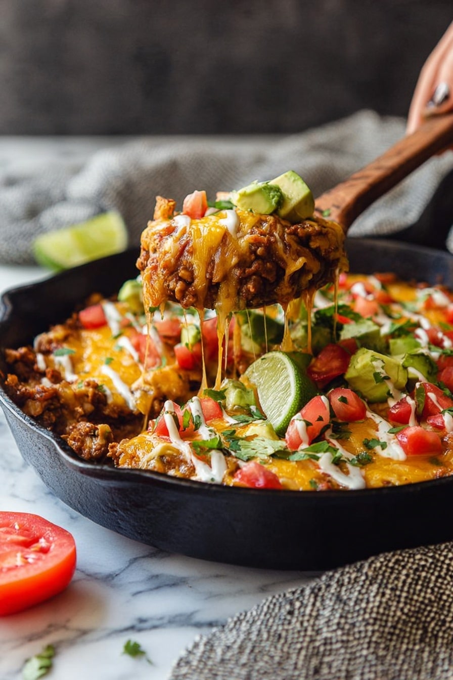 A black skillet holds a dish with multiple layers starting with a base of cooked meat mixed with a reddish sauce. On top is melted yellow cheese that stretches as a wooden spoon lifts a portion. The next layer has chopped red tomatoes, green avocado chunks, and some light drizzle of white sauce. Thin slices of green lime and small green herbs are placed on top as a final touch. The skillet is on a white marbled surface, with a chopped tomato piece and a textured grey cloth nearby. A woman's hand is holding the wooden spoon lifting the food. Photo taken with an iphone --ar 2:3 --v 7 - One-Pot Chicken BBQ Rice, Easy Chicken BBQ Rice, Quick Dinner Recipes, Flavorful Weeknight Meals, 30-Minute Chicken Rice Dish