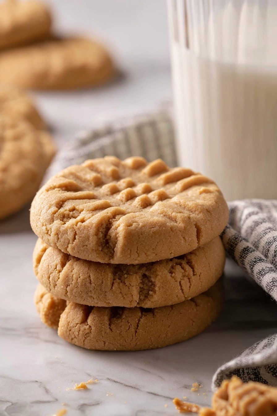 A stack of three round peanut butter cookies sits on a surface with a white marbled texture. Each cookie is light brown with a slightly cracked surface and a grid pattern pressed into the top layer, showing the soft texture. The cookies look thick and slightly crumbly. To the right, there is a clear glass filled with white milk, partially visible. In the background, a striped soft cloth is draped casually, and some more cookies are blurred but visible, adding depth to the scene. photo taken with an iphone --ar 2:3 --v 7 - Easy Peanut Butter Cookies, peanut butter cookies recipe, quick peanut butter cookies, soft peanut butter cookies, homemade peanut butter cookies
