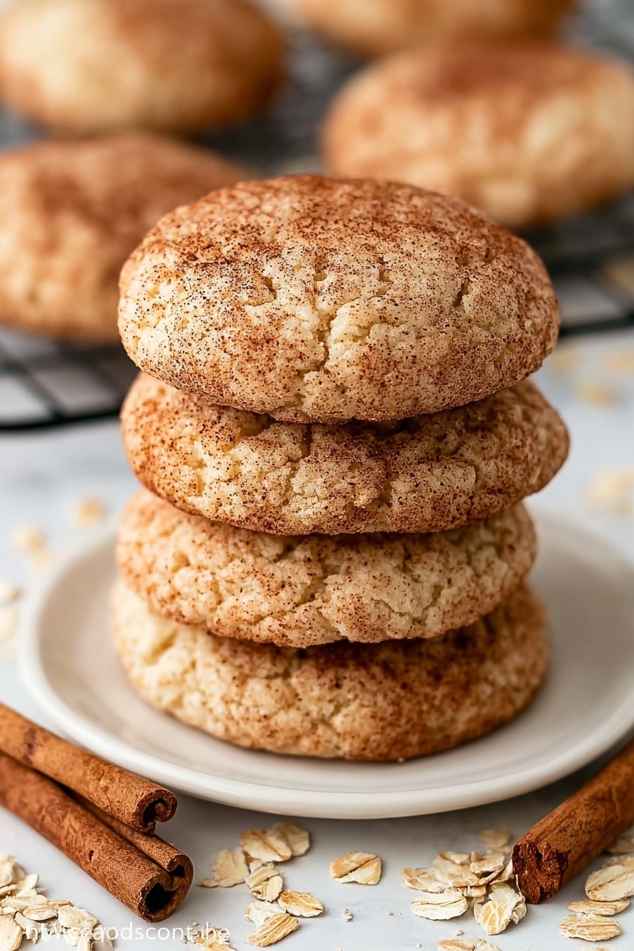 A stack of five round cookies is placed on a white plate on a white marbled surface. Each cookie is light brown with a cracked texture and sprinkled with a dusting of darker cinnamon powder that covers the top of each cookie unevenly. The cookies have a soft and slightly bumpy texture with visible tiny air pockets. Around the plate and cookies, there are scattered light beige oat flakes and several cinnamon sticks laying flat on the surface. In the background, a wire cooling rack holds more cookies that are out of focus. The scene is bright and warm, emphasizing the cozy look of the cookies. photo taken with an iphone --ar 2:3 --v 7 - Oatmeal Snickerdoodle Cookies, oatmeal cookie recipes, cinnamon sugar cookies, chewy oatmeal cookies, easy snickerdoodle cookies