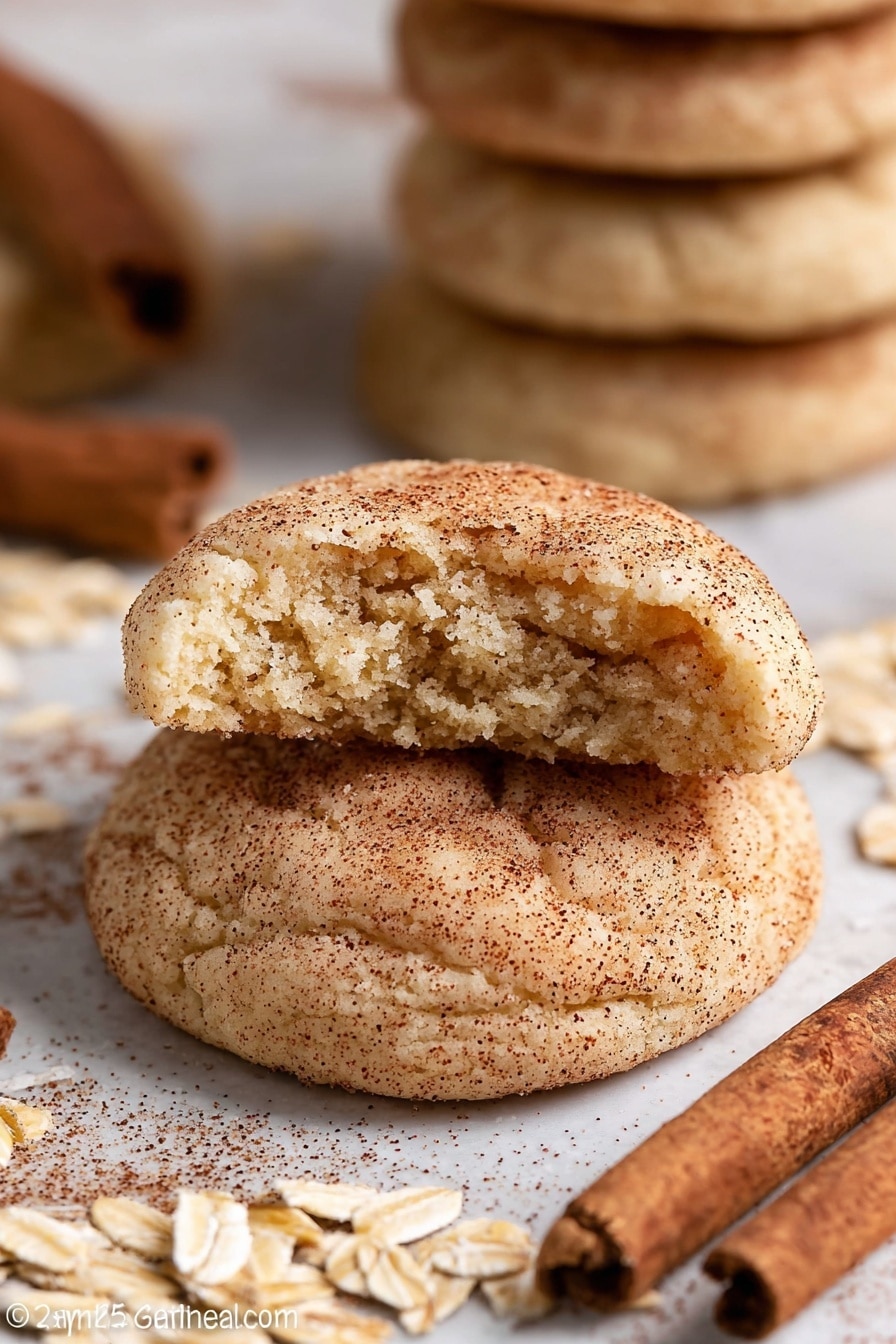 A close-up of two soft, round cookies stacked with the top one broken in half showing a light, crumbly inside texture. The cookies have a light beige color and are sprinkled with a fine layer of cinnamon and sugar on top, showing a slightly cracked smooth surface. In the background, there is a tall stack of more cookies with the same color and texture, all set on a white marbled surface scattered with uncooked oats and cinnamon sticks, adding a warm, rustic touch. photo taken with an iphone --ar 2:3 --v 7 - Oatmeal Snickerdoodle Cookies, oatmeal cookie recipes, cinnamon sugar cookies, chewy oatmeal cookies, easy snickerdoodle cookies
