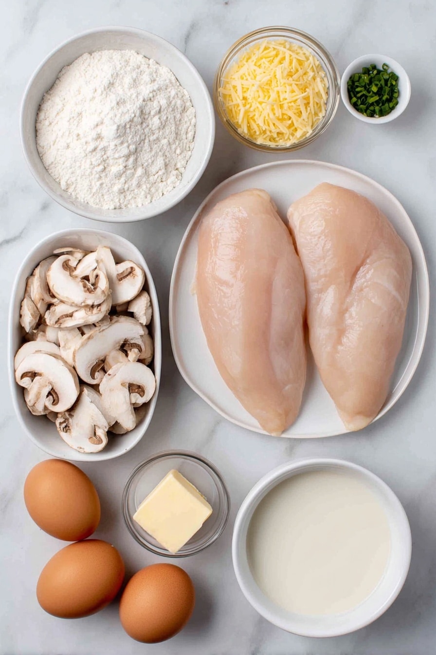 Flat lay of two large boneless skinless chicken breasts, a small mound of white all-purpose flour on a simple white ceramic plate, two whole uncracked brown eggs with clean shells, a handful of fresh sliced button mushrooms showing natural textures, two garlic cloves with papery skins intact, a small white ceramic bowl filled with dry white wine, another small white bowl containing low sodium chicken stock, a small white bowl holding thick heavy cream, a small heap of finely grated pale yellow parmesan cheese on a white ceramic dish, two small sprigs of fresh green chives placed delicately beside the bowls, and a small pat of unsalted butter on a white plate—all arranged in perfect symmetry with realistic proportions, placed on a clean white marble surface, soft natural light, photo taken with an iPhone, professional food photography style, fresh ingredients, white ceramic bowls, no bottles, no duplicates, no utensils, no packaging --ar 2:3 --v 7 --p m7354615311229779997 - Creamy Mushroom Chicken Skillet, Mushroom Chicken Dinner, One-Pan Chicken Recipe, Easy Creamy Chicken, Comforting Chicken Skillet