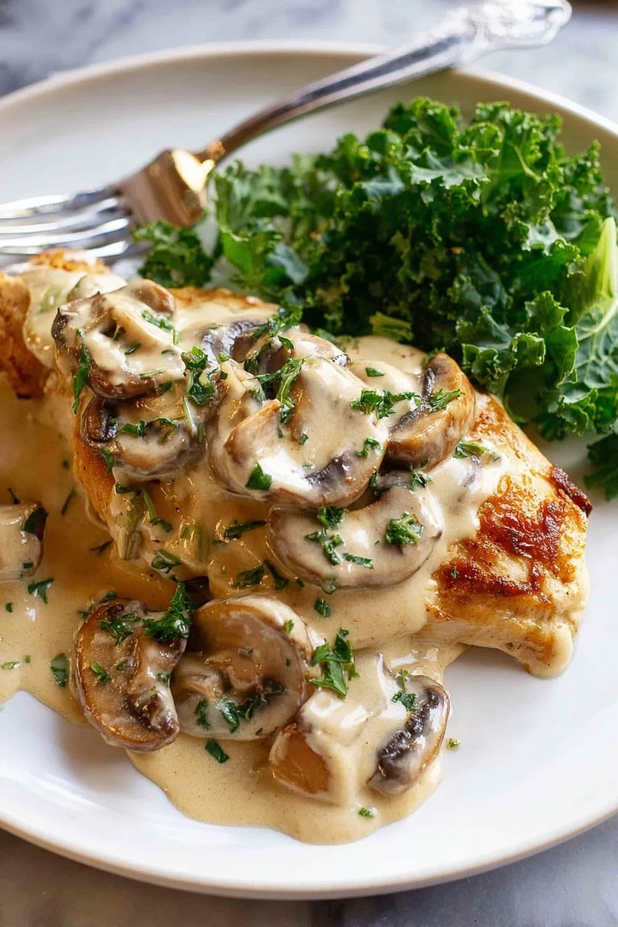 A white plate holds a piece of cooked chicken topped with a creamy mushroom sauce, where light brown mushroom slices are covered in thick beige cream with bits of green herbs sprinkled on top. The chicken underneath looks golden with some crispy edges. On the side, there is a small pile of dark green kale leaves adding color contrast. The plate sits on a white marbled surface and a silver fork is placed near the top edge. Photo taken with an iphone --ar 2:3 --v 7 - Creamy Mushroom Chicken Skillet, Mushroom Chicken Dinner, One-Pan Chicken Recipe, Easy Creamy Chicken, Comforting Chicken Skillet