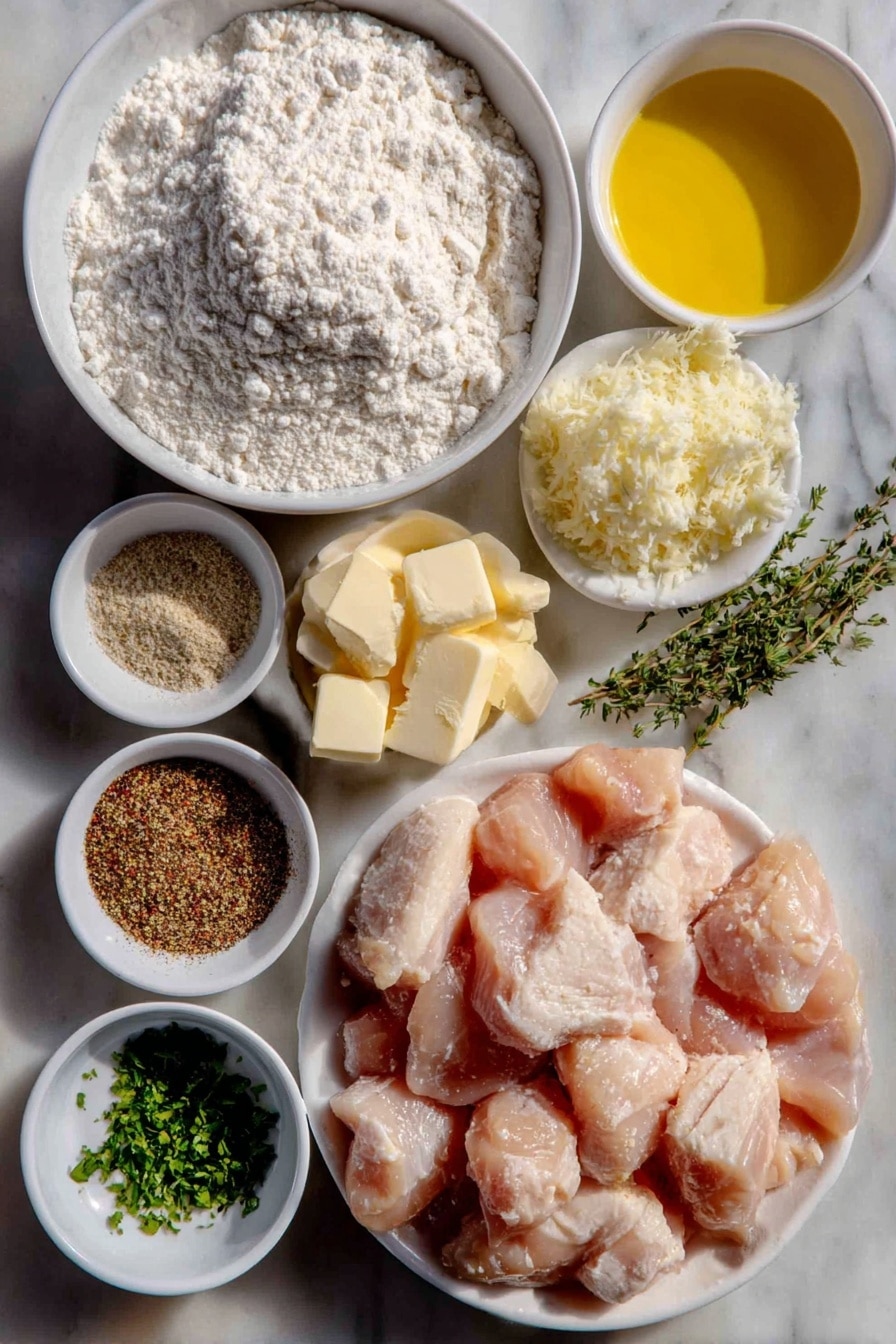Flat lay of boneless skinless chicken breast pieces, a small mound of all-purpose flour, a small white bowl with Italian seasoning, a small white bowl of salt, a small white bowl of freshly ground black pepper, a small white bowl of olive oil, a few pats of unsalted butter, a small white bowl of minced fresh garlic cloves, and a few sprigs of finely chopped fresh parsley placed on a clean white marble surface, soft natural light, photo taken with an iPhone, professional food photography style, fresh ingredients, white ceramic bowls, no bottles, no duplicates, no utensils, no packaging --ar 2:3 --v 7 --p m7354615311229779997 - Garlic Butter Chicken Bites, chicken bites with garlic butter, quick chicken dinner ideas, easy chicken recipes, flavorful chicken recipes