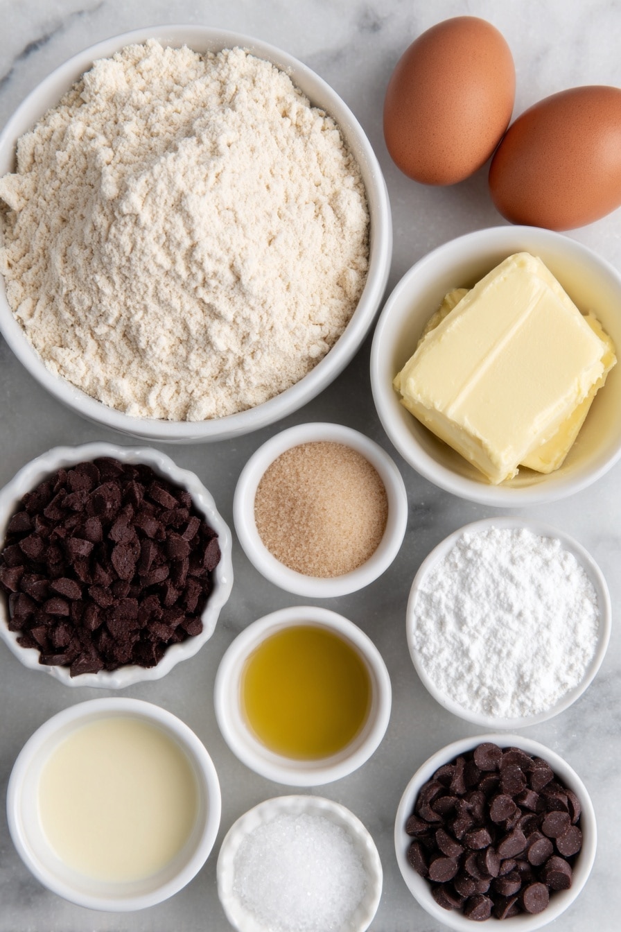 Flat lay of a small mound of all-purpose flour, a small pile of light brown sugar crystals, a small pile of granulated sugar, two large whole brown eggs with clean shells, a small white ceramic bowl of melted golden butter, a small white ceramic bowl of creamy buttermilk, a small white ceramic bowl of mini semi-sweet chocolate chips, a small white ceramic bowl containing a light amber vanilla extract liquid, a small white ceramic bowl of fine sea salt crystals, a small white ceramic bowl of baking powder, a small white ceramic bowl of baking soda, and a small white ceramic bowl of coarse sugar crystals arranged symmetrically on a clean white marble surface, soft natural light, photo taken with an iPhone, professional food photography style, fresh ingredients, white ceramic bowls, no bottles, no duplicates, no utensils, no packaging --ar 2:3 --v 7 --p m7354615311229779997 - Bakery-Style Chocolate Chip Muffins, chocolate chip muffins recipe, fluffy chocolate chip muffins, homemade muffin recipe, bakery-style muffin tips