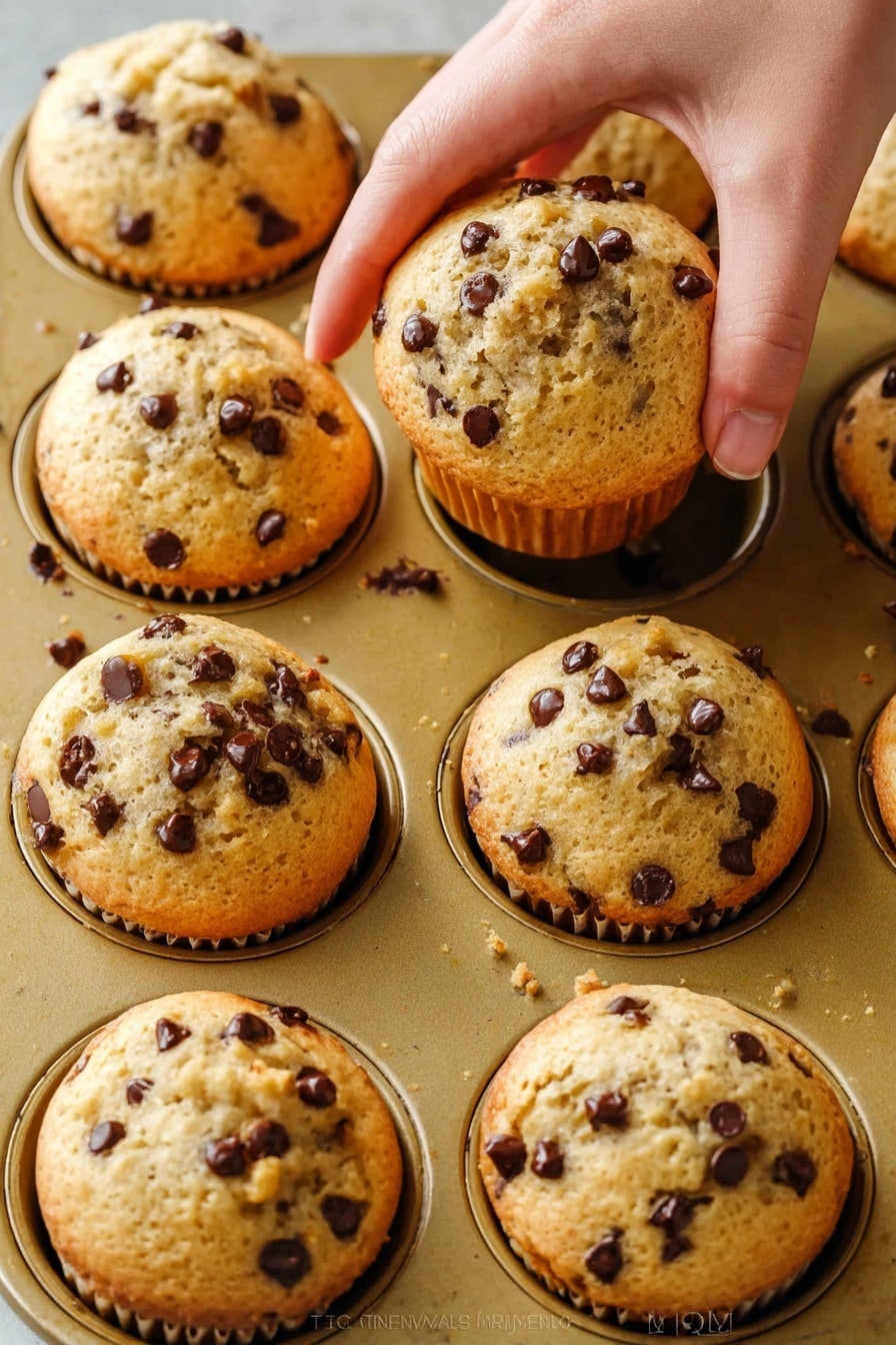 A close-up view of a gold muffin tin holding nine golden-brown chocolate chip muffins. Each muffin is topped with small, scattered dark chocolate chips, and the texture looks soft and fluffy. One muffin in the middle is missing a bite, showing the light, airy inside with chocolate chips spread throughout, while near it, a woman's hand is gently lifting another muffin from the tin. The muffin tops are slightly domed and cracked on the surface, revealing a tender crumb. The background shows part of the gold muffin tin with a shiny texture. photo taken with an iphone --ar 2:3 --v 7 - Bakery-Style Chocolate Chip Muffins, chocolate chip muffins recipe, fluffy chocolate chip muffins, homemade muffin recipe, bakery-style muffin tips