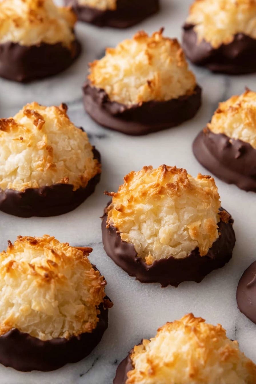 A close-up view of several small, rounded cookies arranged on a white marbled surface. Each cookie has two layers: the bottom layer is a dark, smooth chocolate coating with a glossy finish and irregular edges, while the top layer is a light golden-brown toasted coconut mound with a rough, fibrous texture. The cookies are spaced evenly, showing their distinct layers and textures clearly. photo taken with an iphone --ar 2:3 --v 7 - Chocolate Dipped Coconut Macaroons, Coconut Macaroons with Chocolate, Chewy Coconut Cookies, Easy Coconut Dessert, Homemade Chocolate Cookies