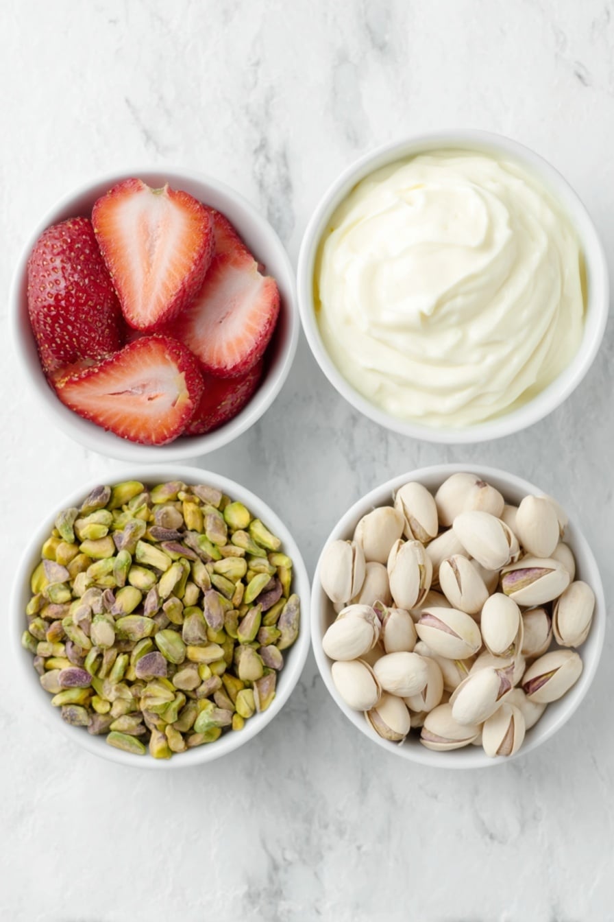 Flat lay of a small white ceramic bowl filled with creamy vanilla yogurt, a small white ceramic bowl holding thinly sliced fresh strawberries with vibrant red and green hues, and a small white ceramic bowl containing shelled pistachios in natural green and beige tones, all arranged symmetrically and balanced, placed on a clean white marble surface, soft natural light, photo taken with an iPhone, professional food photography style, fresh ingredients, white ceramic bowls, no bottles, no duplicates, no utensils, no packaging --ar 2:3 --v 7 --p m7354615311229779997 - Frozen Yogurt Bark with Strawberries and Nuts, healthy frozen yogurt bark, easy fruit dessert, refreshing summer treat, yogurt dessert with nuts and berries