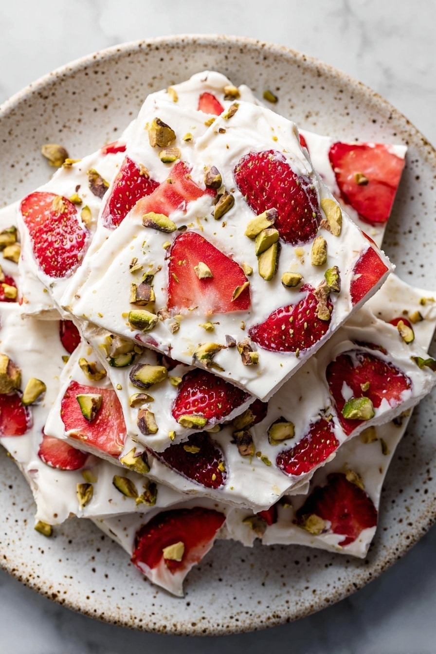 The dish shows a plate filled with multiple uneven white creamy bark pieces that have embedded bright red strawberry slices and small chopped green pistachios scattered across the surface. Each bark piece has a smooth but slightly rough texture with the strawberries visibly pressed in the top layer, offering a fresh red contrast against the white base, while the pistachios add a crunchy green and brown touch. The bark pieces are casually stacked, overlapping each other on a speckled white plate placed on a white marbled surface. photo taken with an iphone --ar 2:3 --v 7 - Frozen Yogurt Bark with Strawberries and Nuts, healthy frozen yogurt bark, easy fruit dessert, refreshing summer treat, yogurt dessert with nuts and berries
