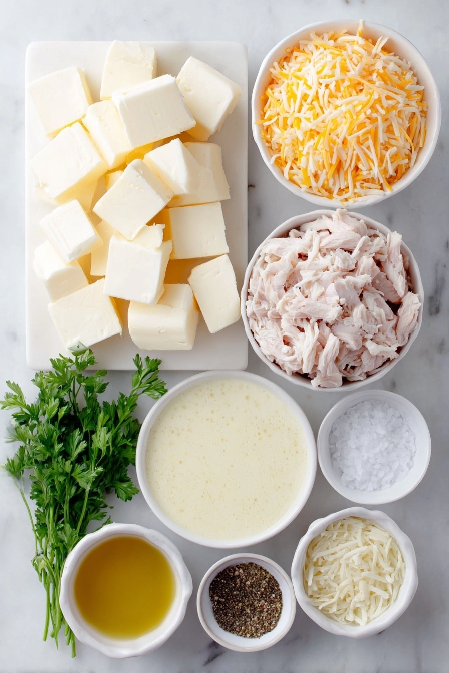 Flat lay of a few cubed cream cheese blocks, several small cubes of butter, a pile of diced cooked rotisserie chicken, a mix of wild and white cooked rice, three peeled garlic cloves, a small white bowl of creamy chicken soup, a small white bowl with golden chicken broth, a small white bowl filled with finely shredded Colby Jack cheese, a small white bowl containing dry Italian dressing mix, a small white bowl of coarse salt, a small white bowl of cracked black pepper, and a small bunch of fresh parsley, all arranged symmetrically on a clean white marble surface, soft natural light, photo taken with an iPhone, professional food photography style, fresh ingredients, white ceramic bowls, no bottles, no duplicates, no utensils, no packaging --ar 2:3 --v 7 --p m7354615311229779997 - Creamy Chicken and Rice Casserole, chicken and rice casserole, cheesy chicken casserole, easy comfort food recipes, family dinner ideas