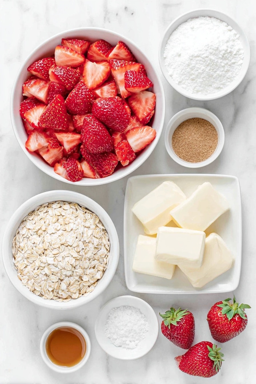 Flat lay of fresh whole strawberries diced in a simple white ceramic bowl, a small white bowl with granulated sugar, half a lemon cut in half showing juicy pulp next to a small white bowl of lemon juice, a small white bowl with corn starch powder, a neat pile of old fashioned rolled oats, a mound of all-purpose flour, a small white bowl containing cinnamon powder, several slices of unsalted butter at room temperature arranged neatly on a white ceramic plate, a small white bowl with pure vanilla extract, and a small white bowl with salt crystals, all placed on a clean white marble surface, soft natural light, photo taken with an iPhone, professional food photography style, fresh ingredients, white ceramic bowls, no bottles, no duplicates, no utensils, no packaging --ar 2:3 --v 7 --p m7354615311229779997 - Strawberry Oatmeal Bars, strawberry oat bars, easy strawberry dessert, homemade strawberry bars, fruit-filled oat bars
