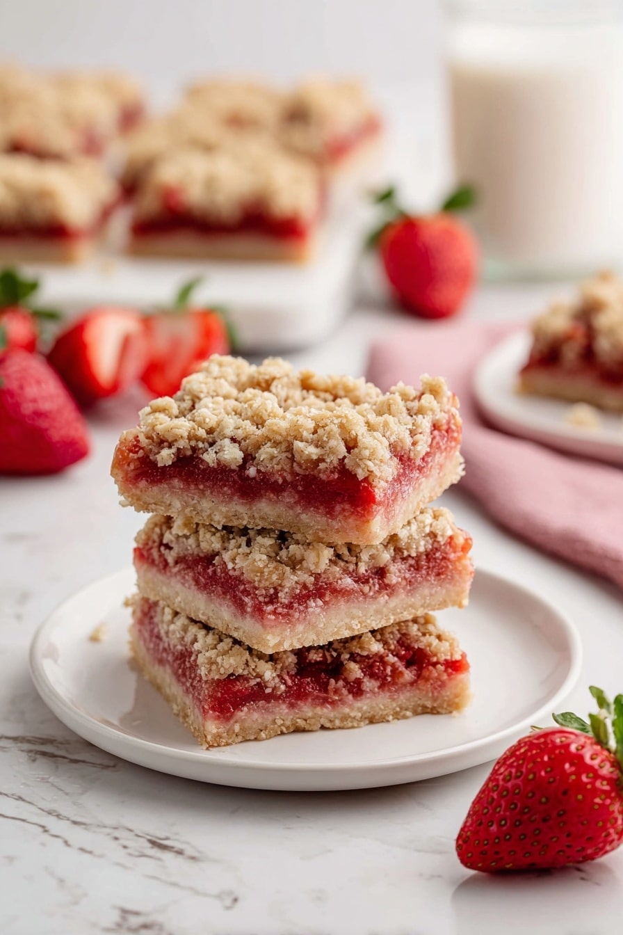 The image shows a stack of three layered strawberry crumble bars on a small white plate. Each bar has three layers: the bottom layer is a light beige crumbly crust, the middle layer is a bright red strawberry filling that looks soft and slightly juicy, and the top layer is a crumbly oat topping with a rough texture and light brown color. In the background, there are more bars on another white plate, a glass of milk, some fresh strawberries, and a pink cloth on a white marbled surface. The photo taken with an iphone --ar 2:3 --v 7 - Strawberry Oatmeal Bars, strawberry oat bars, easy strawberry dessert, homemade strawberry bars, fruit-filled oat bars