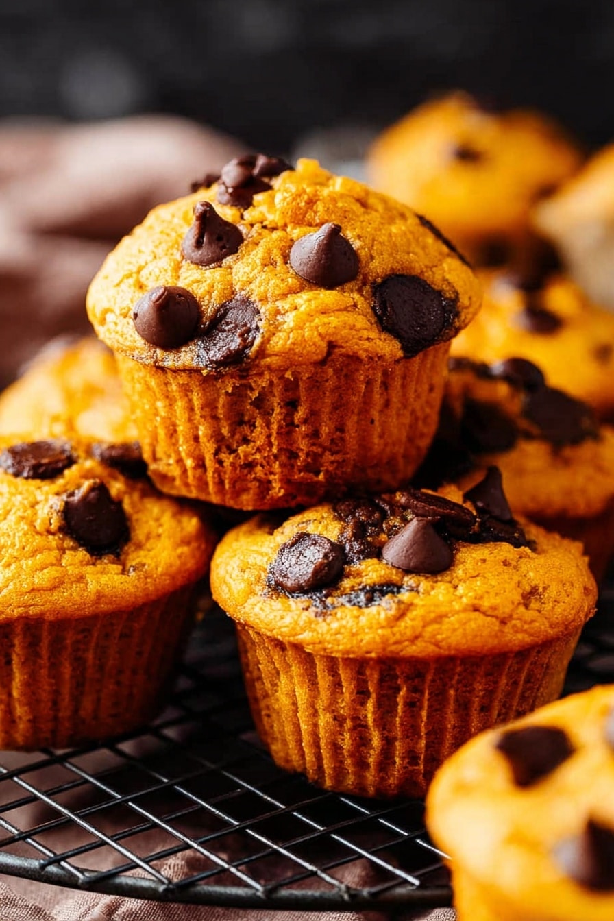The image shows a close-up view of several golden brown muffins with dark chocolate chips scattered on top and inside, arranged in a small pile. Each muffin has a slightly cracked, fluffy, and textured surface with visible large chocolate chips that add a glossy contrast against the soft golden muffin. The muffins are sitting on a black wire cooling rack, with no other items in the background except dark shadows. The overall look is warm, inviting, and rich with the contrast between the muffins' bright orange-brown color and the dark chocolate. photo taken with an iphone --ar 2:3 --v 7 - Pumpkin Chocolate Chip Muffins, Pumpkin Muffins with Chocolate Chips, Easy Pumpkin Muffin Recipe, Moist Pumpkin Muffins, Fall Baking Recipes
