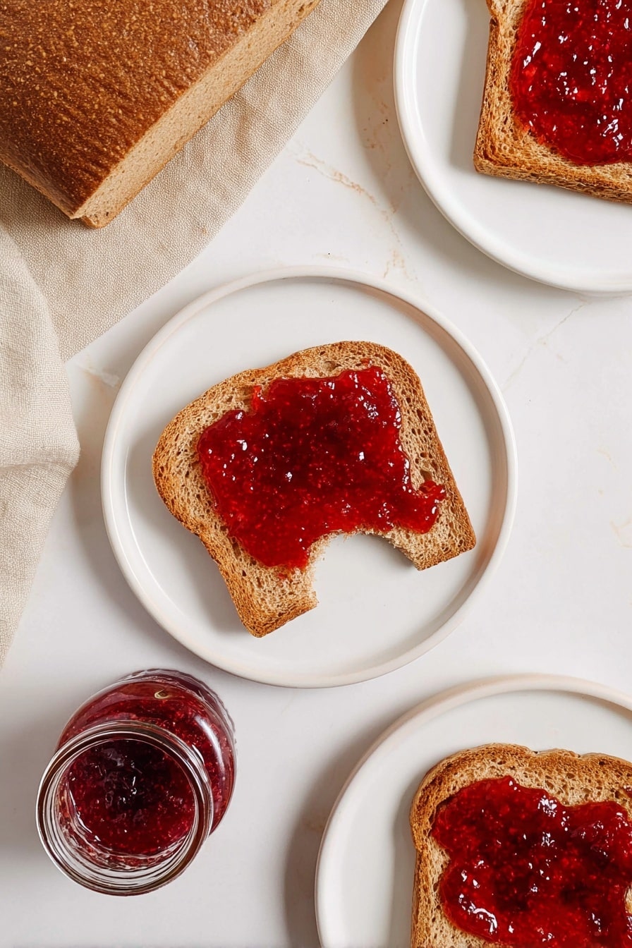 The image shows three slices of toasted brown bread on white plates, each covered with a bright red, shiny layer of berry jam; one slice in the center has a bite taken out of the bottom right corner. The bread appears crispy with a rough texture, and the jam layer is thick and slightly uneven. A clear glass jar of the same berry jam is placed near the bottom edge on a white marbled surface, and the top left corner shows a loaf of unsliced brown bread resting on a beige cloth. The overall scene is clean and simple with a light, natural feel and soft shadows. Photo taken with an iphone --ar 2:3 --v 7 - Healthy Whole Wheat Bread, whole wheat bread recipe, nutritious homemade bread, easy whole wheat bread, fluffy whole wheat bread