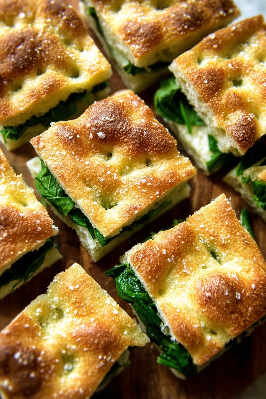 The image shows several square pieces of focaccia sandwich laid close together, each with two layers of soft, golden-brown focaccia bread on top and bottom, both textured with small dimples and sprinkled with coarse salt. Between these layers, there is a visible layer of fresh green leafy spinach, creating a bright green contrast against the warm bread color. The pieces are arranged on a wooden surface, but the background has been conceptually changed to a white marbled texture. The focus is sharp on the texture of both the bread and spinach layers, giving a fresh and inviting look. photo taken with an iphone --ar 2:3 --v 7 - Easy Homemade Focaccia Bread, homemade focaccia recipe, best focaccia bread, fluffy focaccia, baking bread at home