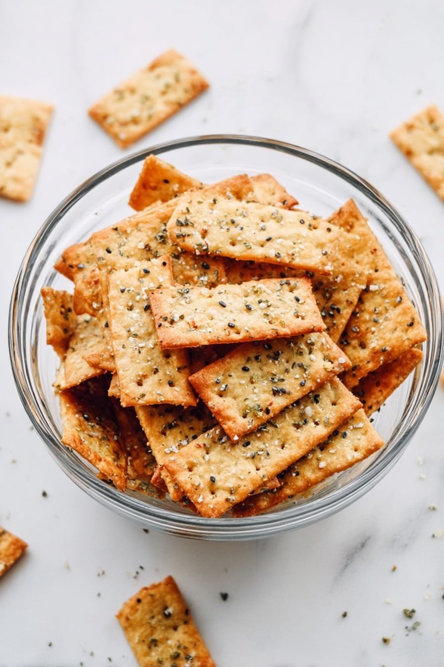 A clear glass bowl filled with many rectangular crackers stacked unevenly. The crackers are golden brown with a crispy texture, sprinkled with black, white, and orange seasoning seeds. The bowl sits on a white marbled surface with scattered seasoning around it. The lighting is soft and bright, highlighting the crunchy details of the crackers. photo taken with an iphone --ar 2:3 --v 7 - Homemade Bagel Seasoning Crackers, savory cracker recipe, bagel seasoning snack, easy homemade crackers, flavorful snack ideas