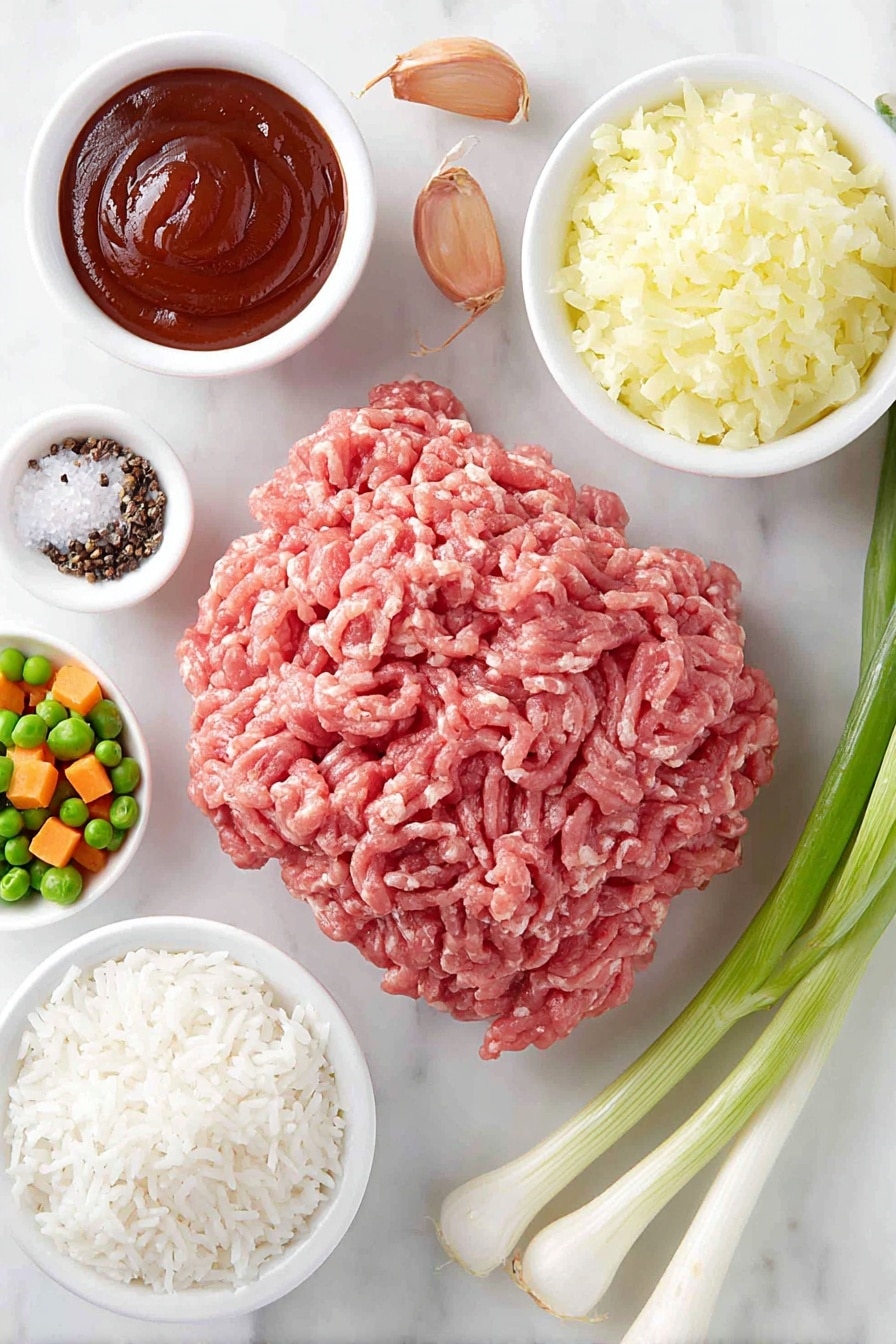 Flat lay of a mound of fresh lean ground beef, a pile of finely chopped sweet yellow onion, two whole uncracked brown garlic cloves, a small white ceramic bowl filled with thick reddish-brown BBQ sauce, a small white ceramic bowl with rich brown beef broth, a small white ceramic bowl containing dark Worcestershire sauce, a neat mound of fluffy cooked white rice, a small white ceramic bowl of vibrant frozen peas and orange carrot cubes, a pinch of coarse salt crystals, a small heap of whole black peppercorns, and two whole green onions with bright green tops and white bottoms placed side by side, all arranged with perfect symmetry on a clean white marble surface, soft natural light, photo taken with an iPhone, professional food photography style, fresh ingredients, white ceramic bowls, no bottles, no duplicates, no utensils, no packaging --ar 2:3 --v 7 --p m7354615311229779997 - Skillet BBQ Beef and Rice Dinner, easy BBQ beef skillet recipe, quick beef and rice skillet, one-pan BBQ beef recipe, hearty skillet dinner