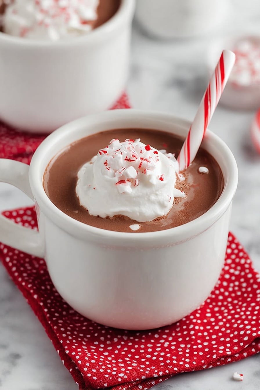 A white cup is filled with rich brown hot chocolate, topped with a fluffy white dollop of whipped cream sprinkled with small red bits. A white and red striped straw leans inside the cup. The cup sits on a white marbled surface with a red cloth with small white dots under it. Another similar cup is partially seen in the background. Photo taken with an iphone --ar 2:3 --v 7 - Peppermint Hot Chocolate, festive hot chocolate, easy peppermint drinks, winter warmers, creamy hot chocolate recipe