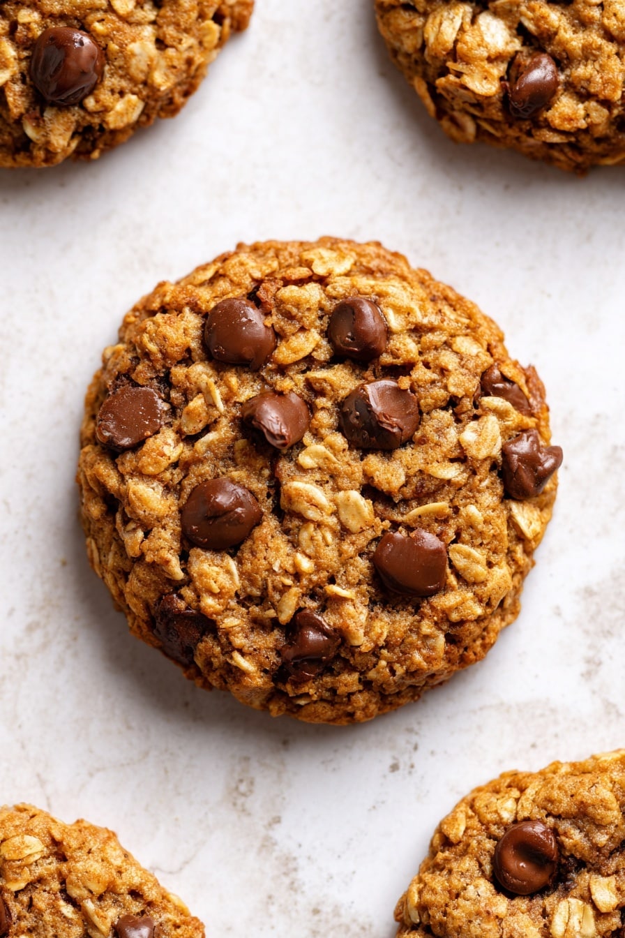 The image shows a close-up of a round oatmeal cookie with chocolate chips on a white marbled surface. The cookie has rough textured layers made of oats and chunks of melted dark brown chocolate chips scattered evenly throughout. The cookie's color is a mix of light brown from oats and golden spots where the cookie looks soft and baked, giving it a chunky and dense look. Four other cookies are partly visible around the main cookie, all placed flat on the white marbled surface. No other objects or colors are in the image. Photo taken with an iphone --ar 2:3 --v 7 - Healthy Banana Oatmeal Cookies, healthy banana cookies, easy healthy snack recipes, guilt-free dessert ideas, quick healthy cookies