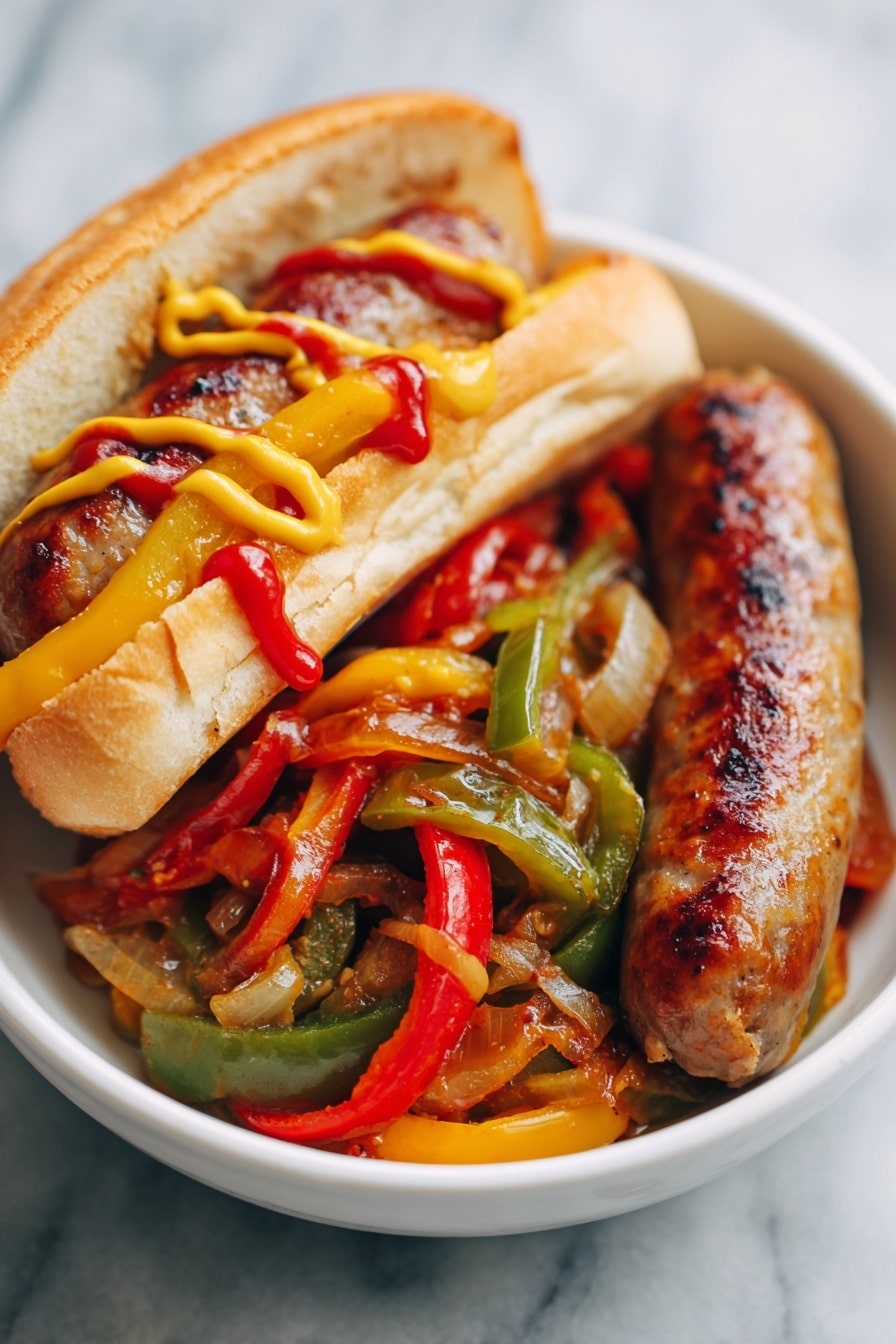 A white bowl holds a sandwich and an extra sausage, both topped with cooked green and red bell peppers and onions, all mixed with a glossy sauce. The sandwich has a light brown bun sliced open and filled with one grilled sausage, layers of cooked yellow cheese, and sautéed vegetables. On top of the filling, bright red ketchup and yellow mustard are drizzled in a zigzag pattern. Next to the sandwich sits one more grilled sausage, coated with the same sautéed vegetable mix. The bowl sits on a white marbled surface, softly lit, showing texture on the bun and shine on the sauce. Photo taken with an iphone --ar 2:3 --v 7 - Italian Sausage and Peppers, Italian Sausage and Peppers recipe, Italian sausage and bell peppers, hearty Italian sausage dish, easy sausage and peppers meal