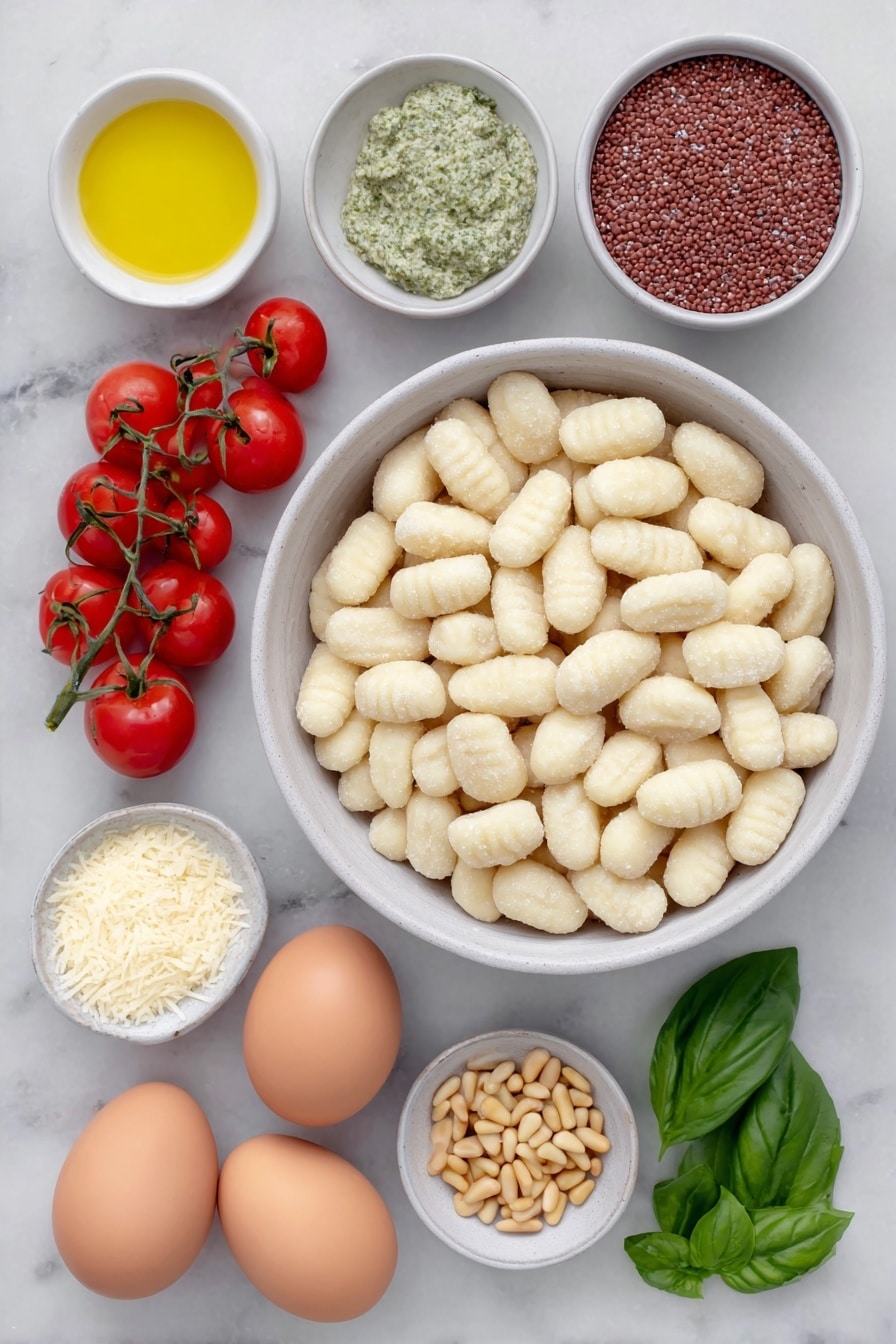 Flat lay of a mound of uncooked gnocchi, a small pile of vibrant red cherry tomatoes with a few green stems attached, a small white ceramic bowl filled with bright green pesto sauce, a small white bowl holding golden toasted pine nuts, a few fresh deep green basil leaves scattered artfully, a small white bowl of extra-virgin olive oil, a small pile of freshly grated pale yellow Parmesan cheese, and two whole uncracked brown eggs placed symmetrically, all arranged with balanced spacing on a clean white marble surface, soft natural light, photo taken with an iPhone, professional food photography style, fresh ingredients, white ceramic bowls, no bottles, no duplicates, no utensils, no packaging --ar 2:3 --v 7 --p m7354615311229779997 - Pesto Gnocchi with Cherry Tomatoes, easy pesto gnocchi dinner, cherry tomato pasta recipe, quick vegetarian pasta, flavorful gnocchi recipe