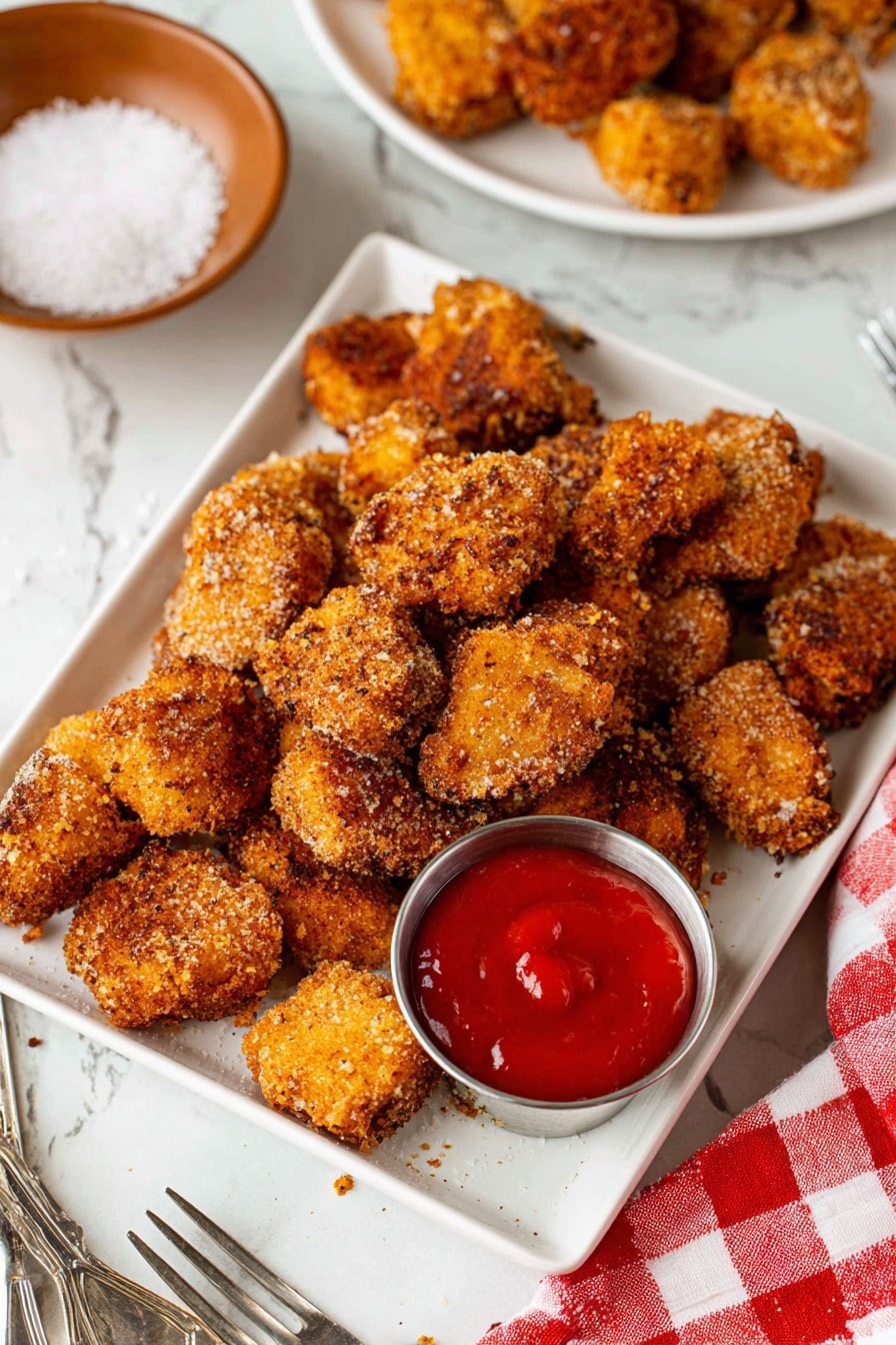 A white rectangular plate holds a pile of golden-brown, crispy fried pieces with a rough, crumbly texture. On the top left of the plate, there is a small round silver cup filled with smooth, bright red dipping sauce. The plate sits on a white marbled surface partly covered by a red and white checkered cloth. Nearby, there is a small brown bowl filled with white granulated salt. In the background, another white rectangular plate with more fried pieces and a silver cup of red sauce is partially visible. Two silver forks lie next to the checkered cloth. photo taken with an iphone --ar 2:3 --v 7 - Oven-Baked Chicken Nuggets, healthy chicken nuggets, crispy baked chicken bites, easy chicken snack, oven baked chicken tenders