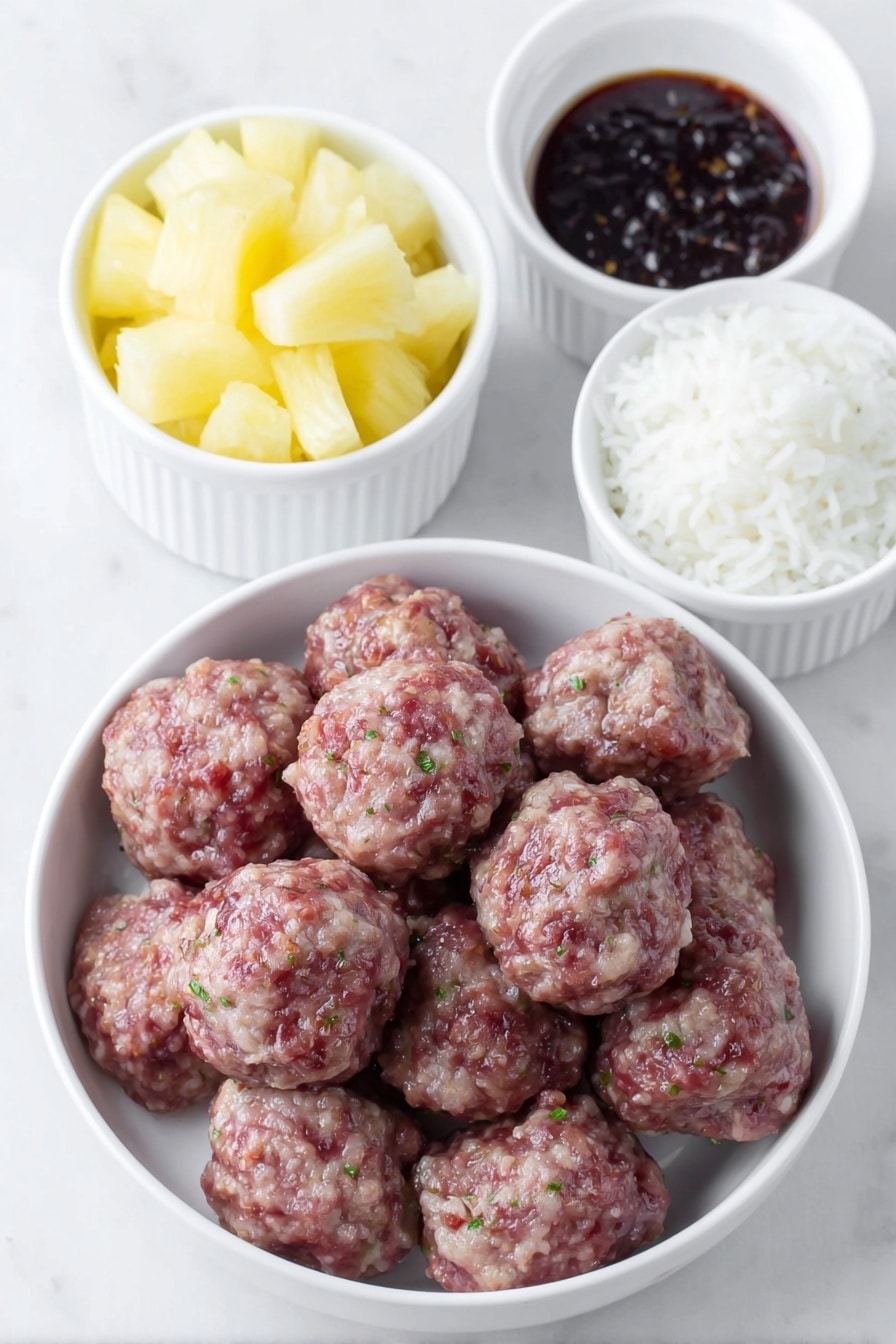 Flat lay of a simple white ceramic plate of round raw turkey meatballs, a small white bowl filled with glossy dark teriyaki sauce, a small white bowl of fresh yellow pineapple chunks with juice glistening, and a small white ceramic bowl of cooked white rice, all arranged in perfect symmetry, placed on a clean white marble surface, soft natural light, photo taken with an iPhone, professional food photography style, fresh ingredients, white ceramic bowls, no bottles, no duplicates, no utensils, no packaging --ar 2:3 --v 7 --p m7354615311229779997 - Teriyaki Meatballs with Pineapple, easy teriyaki meatballs, pineapple meatball recipe, sweet and savory meatballs, quick dinner ideas