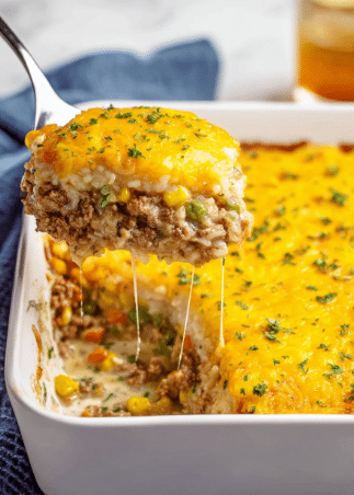 A white baking dish holds a layered casserole with three clear layers: the bottom layer is a mix of cooked ground meat and vegetables like corn and peas in a creamy sauce, the middle layer is a smooth mix of rice and vegetables, and the top layer is a thick, melted golden-yellow cheese crust sprinkled with green herbs. A metal spoon is scooping out a portion, with the melted cheese stretching from the dish, showing the layers inside. The dish sits on a white marbled surface with a drink and blue cloth slightly blurred in the background. photo taken with an iphone --ar 2:3 --v 7 - Cheesy Ground Beef and Rice Casserole, ground beef casserole recipes, easy cheesy beef rice dish, hearty comfort food dinner, quick weeknight casserole