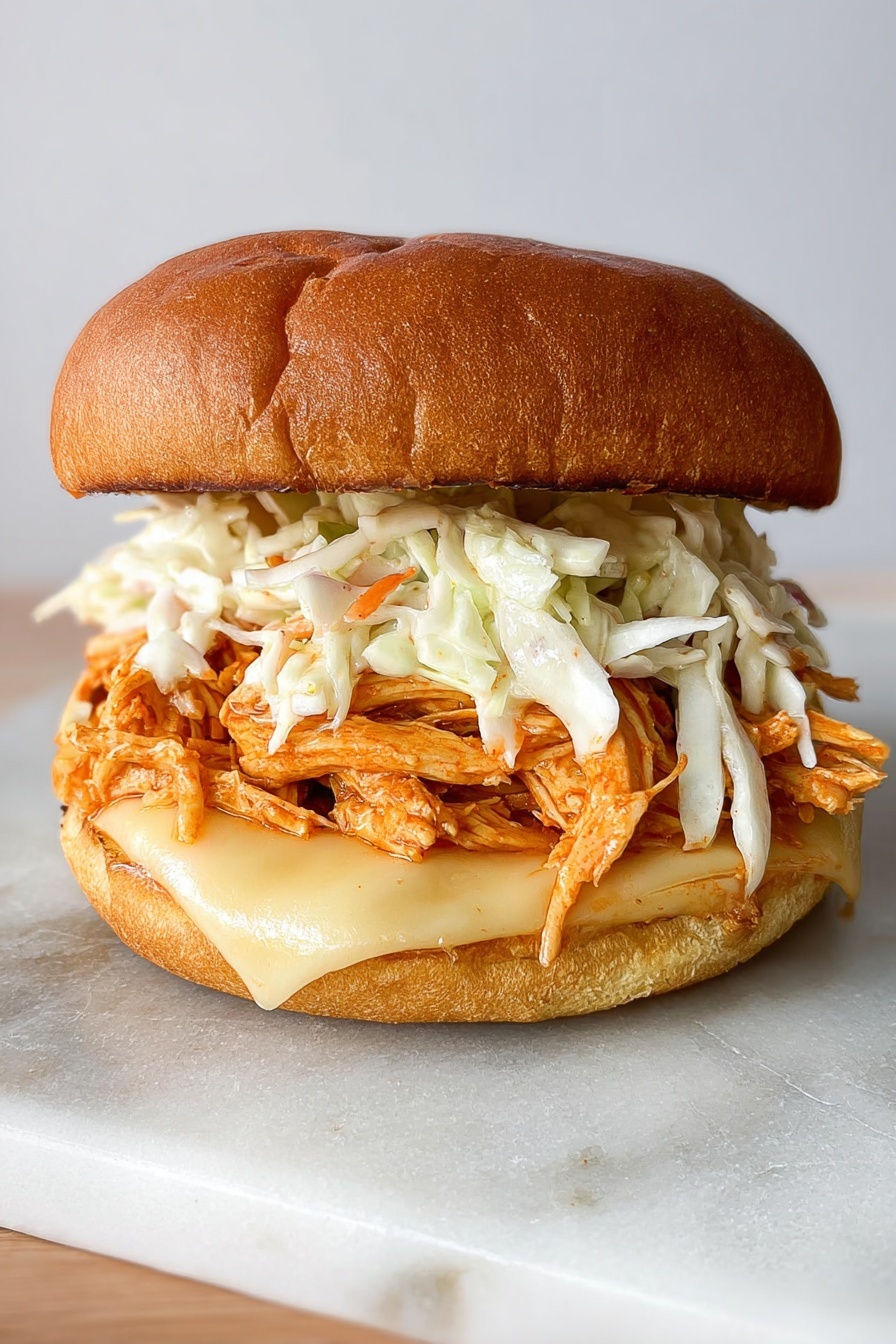 A sandwich sits on a white marbled surface, made with a soft, golden-brown bun with a slightly wrinkled top. The bottom bun holds a melted pale yellow cheese layer that stretches slightly over the bun. On top of the cheese, there is a thick layer of shredded, bright orange chicken. Above the chicken is a generous heap of creamy, white cabbage coleslaw with thin strands of pale carrot mixed in. The top bun rests gently on the coleslaw, completing the sandwich. The whole scene is well-lit with natural light, photo taken with an iphone --ar 2:3 --v 7 - Buffalo Chicken Blue Cheese Burger, spicy buffalo chicken burger, blue cheese burger recipe, easy chicken burger, flavorful comfort food