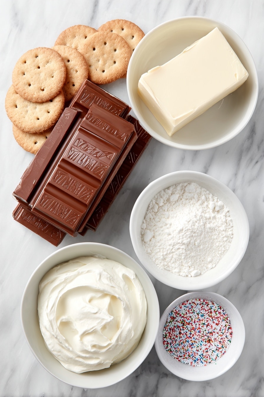 Flat lay of a stack of whole KitKat bars with individual fingers visible, a small pile of round digestive biscuits, a simple white ceramic bowl with a block of unsalted butter, two small white bowls each containing glossy chunks of milk chocolate and dark chocolate respectively, a smooth mound of fresh full-fat cream cheese, a small white bowl filled with fine white icing sugar, two small white bowls of fresh double cream, a scattering of colorful sprinkles on the side, all arranged symmetrically with perfect balance, placed on a clean white marble surface, soft natural light, photo taken with an iPhone, professional food photography style, fresh ingredients, white ceramic bowls, no bottles, no duplicates, no utensils, no packaging --ar 2:3 --v 7 --p m7354615311229779997 - No-Bake KitKat Cheesecake, chocolate cheesecake recipe, no-bake dessert, easy cheesecake with KitKats, quick chocolate dessert