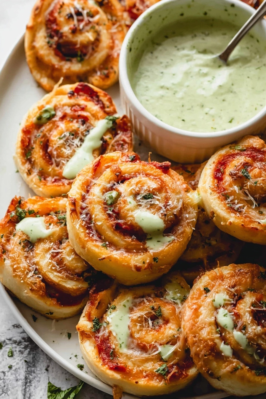 A white plate filled with multiple golden-brown, spiral-shaped pizzas with visible layers of dough, red tomato sauce, and melted cheese, topped with small green herb pieces and a light sprinkle of grated cheese. One pizza has a creamy light green sauce drizzled on top, with some sauce also on the plate. Next to the plate is a white bowl filled with the same light green sauce, with a spoon inside. The background is a white marbled texture. The image is close-up, showing the textures of the baked dough and melting cheese clearly. photo taken with an iphone --ar 2:3 --v 7 - Pepperoni Pizza Pinwheels, easy pizza pinwheels, cheesy appetizer recipes, game day snacks, kid-friendly pizza snacks