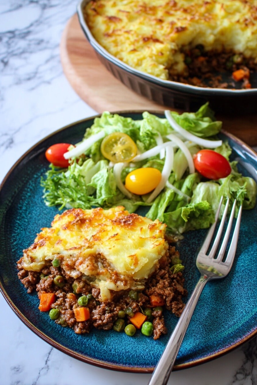 The image shows a blue plate with a serving of shepherd’s pie and a fresh salad. The shepherd’s pie has two main layers: the bottom layer is a mix of minced meat with small orange carrot cubes and green peas, appearing rich and hearty, while the top layer is a golden-yellow mashed potato crust with bits of browned cheese in some areas, giving it a slightly textured look. Next to the pie is a colorful salad made from green romaine lettuce leaves, white onion strips, and small yellow and red cherry tomatoes, adding freshness and brightness. A silver fork sits on the right side of the plate. Behind the plate, there is a round baking dish with more shepherd’s pie visible. The setting rests on a white marbled surface. Photo taken with an iphone --ar 2:3 --v 7 - Irish Shepherd’s Pie with Colcannon Mashed Potatoes, Irish Shepherd’s Pie, hearty Irish savory pie, traditional Irish comfort food, shepherd’s pie with colcannon mash