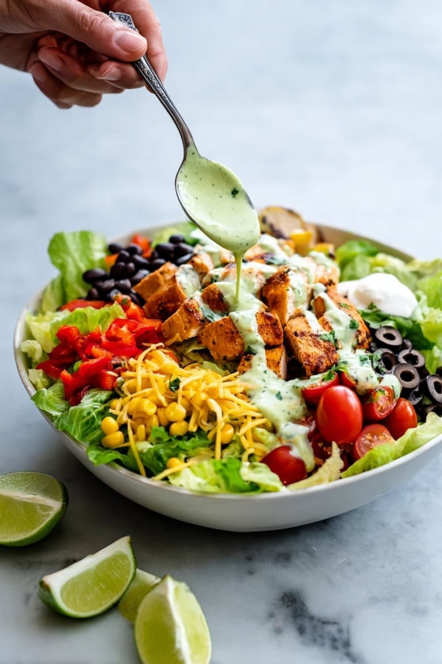 The image shows a white bowl filled with many colorful layers of food. The bottom layer looks like green lettuce leaves that cover the bowl. On top of the lettuce, there are red and green bell peppers on the sides, black beans, shredded yellow cheese, corn kernels, sliced black olives, and small red cherry tomatoes spread around. In the middle, there are grilled pieces of chicken with a golden-brown color. A white sour cream dollop is also on one side. A woman's hand is holding a spoon above the bowl, dropping a light green creamy sauce over the chicken pieces. The bowl sits on a white marbled surface, and in front of it, there are a few lime wedges placed for extra decoration. photo taken with an iphone --ar 2:3 --v 7 - Southwest Chicken Salad with Cilantro Lime Dressing, southwest chicken salad, cilantro lime dressing recipe, healthy Southwest salad, easy chicken salad