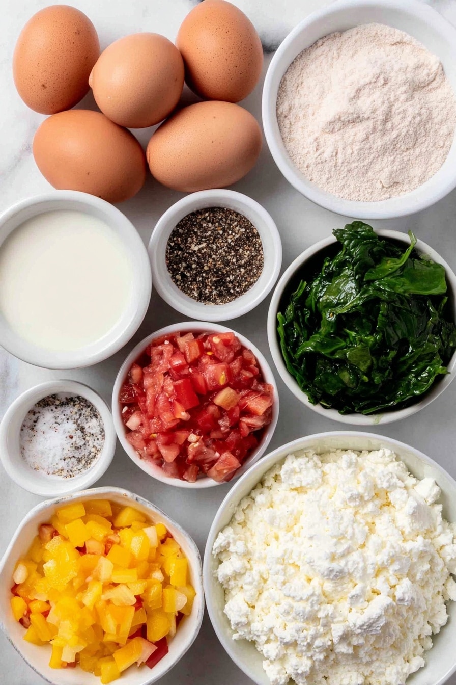 Flat lay of eight whole uncracked brown eggs, a small white ceramic bowl of whole milk, a small white ceramic bowl of coarse salt, a small white ceramic bowl of freshly ground black pepper, a small white ceramic bowl of onion powder, a small white ceramic bowl of garlic powder, a small white ceramic bowl filled with finely chopped red, yellow, and green bell peppers, a small white ceramic bowl of finely chopped ripe red tomatoes, a small white ceramic bowl of finely chopped fresh dark green spinach leaves, and a small white ceramic bowl of crumbled white feta cheese, all arranged in perfect symmetry on a clean white marble surface, soft natural light, photo taken with an iPhone, professional food photography style, fresh ingredients, white ceramic bowls, no bottles, no duplicates, no utensils, no packaging --ar 2:3 --v 7 --p m7354615311229779997 - Healthy Breakfast Egg Muffins, egg muffins with veggies and cheese, nutritious breakfast ideas, easy breakfast recipes, portable breakfast muffins