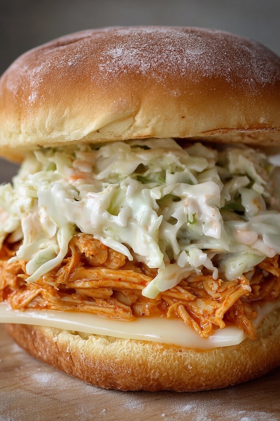 A sandwich with three main layers inside a soft, light brown bun dusted with flour on top; the bottom layer is melted white cheese, smooth and slightly glossy, resting on the lower bun; the middle layer is shredded orange chicken, tender and moist, evenly spread over the cheese; the top layer is creamy coleslaw with white and light green cabbage strands mixed in a thick, white dressing, piled generously below the top bun. Photo taken with an iphone --ar 2:3 --v 7 - Buffalo Chicken Blue Cheese Burger, spicy buffalo chicken burger, blue cheese burger recipe, easy chicken burger, flavorful comfort food