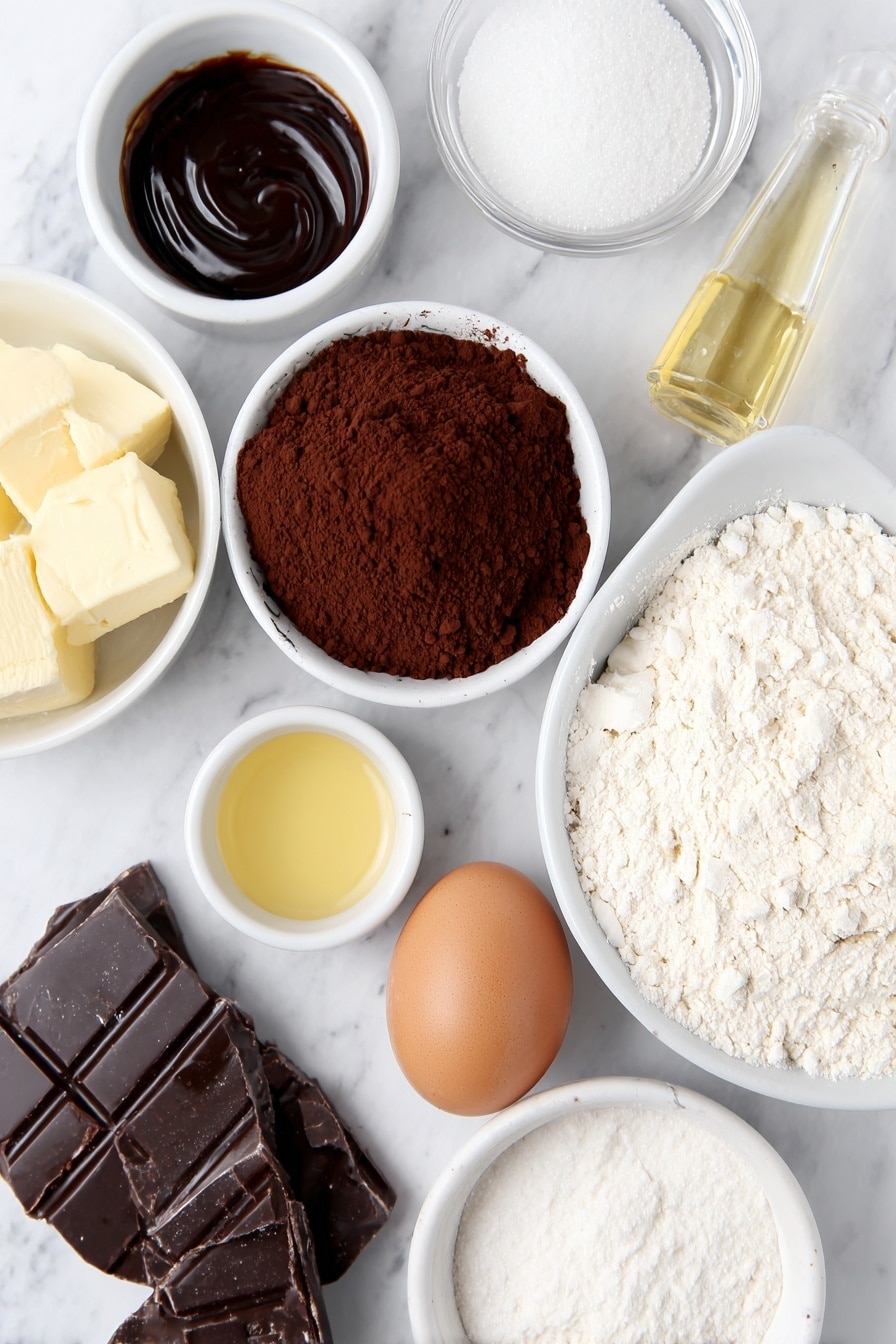 Flat lay of a small white ceramic bowl with dark rich reduced Guinness stout, a few chunks of unsalted butter, a small mound of granulated sugar, a small white bowl filled with fine Dutch-process cocoa powder, a small white bowl with golden vegetable oil, a glass vial of pure vanilla extract replaced by a small white bowl of amber liquid resembling vanilla, one large whole brown egg, one large whole egg yolk in a small white bowl, a pinch of baking soda powder in a small white bowl, a pinch of salt in a small white bowl, one tablespoon of white cornstarch in a small white bowl, a small pile of all-purpose flour, a few dark chocolate chunks, all arranged symmetrically on a clean white marble surface, soft natural light, photo taken with an iPhone, professional food photography style, fresh ingredients, white ceramic bowls, no bottles, no duplicates, no utensils, no packaging --ar 2:3 --v 7 --p m7354615311229779997 - Guinness Chocolate Brownies with Baileys Frosting, Guinness Brownies recipe, Baileys frosting, fudgy Guinness brownies, chocolate dessert with Baileys
