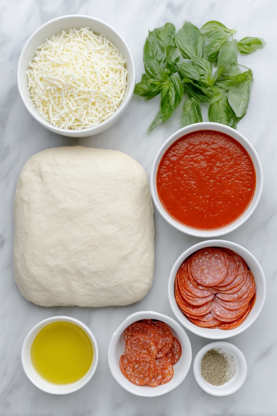Flat lay of a rustic rectangle of unrolled pizza dough, a small white bowl of vibrant red pizza sauce, a small white bowl filled with shredded low-moisture mozzarella cheese, a small white bowl with grated Parmesan cheese, a small white bowl containing Italian seasoning, a small white bowl with crushed red pepper flakes, a small pile of thinly sliced fresh pepperoni, a small white bowl holding melted golden butter, a single fresh garlic clove, and a few bright green fresh basil sprigs placed neatly, all arranged with perfect symmetry in a balanced composition, placed on a clean white marble surface, soft natural light, photo taken with an iPhone, professional food photography style, fresh ingredients, white ceramic bowls, no bottles, no duplicates, no utensils, no packaging --ar 2:3 --v 7 --p m7354615311229779997 - Pepperoni Pizza Pinwheels, easy pizza pinwheels, cheesy appetizer recipes, game day snacks, kid-friendly pizza snacks