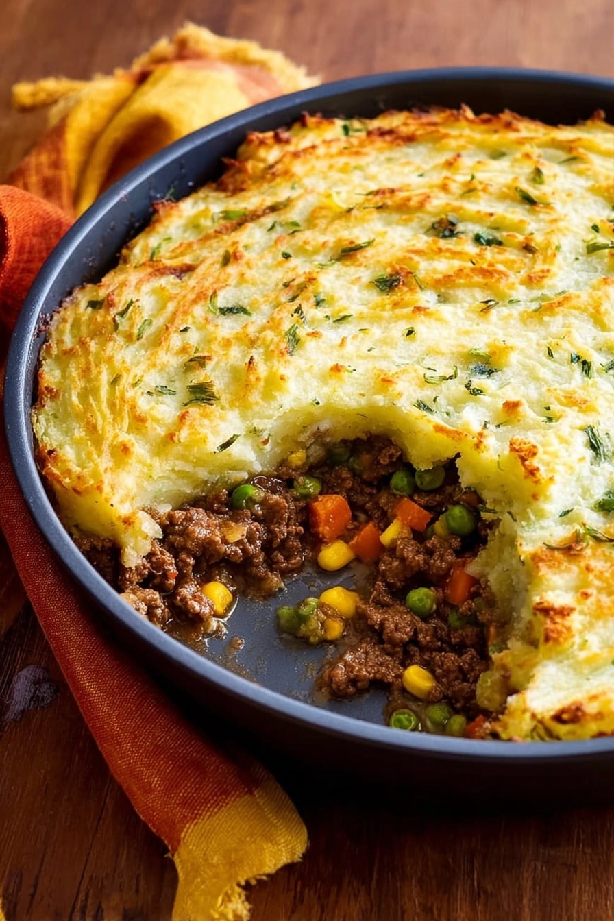 A round black pan contains a layered shepherd's pie with the top layer of mashed potatoes showing a golden-brown baked crust with some green herbs mixed in and lightly browned spots all over. The middle layer is rich ground meat cooked with small pieces of mixed vegetables like green peas, orange carrots, and yellow corn. One portion is scooped out, revealing the layers clearly inside the pan. The pan sits on a wooden surface with a yellow and orange kitchen cloth nearby. Photo taken with an iphone --ar 2:3 --v 7 - Irish Shepherd’s Pie with Colcannon Mashed Potatoes, Irish Shepherd’s Pie, hearty Irish savory pie, traditional Irish comfort food, shepherd’s pie with colcannon mash