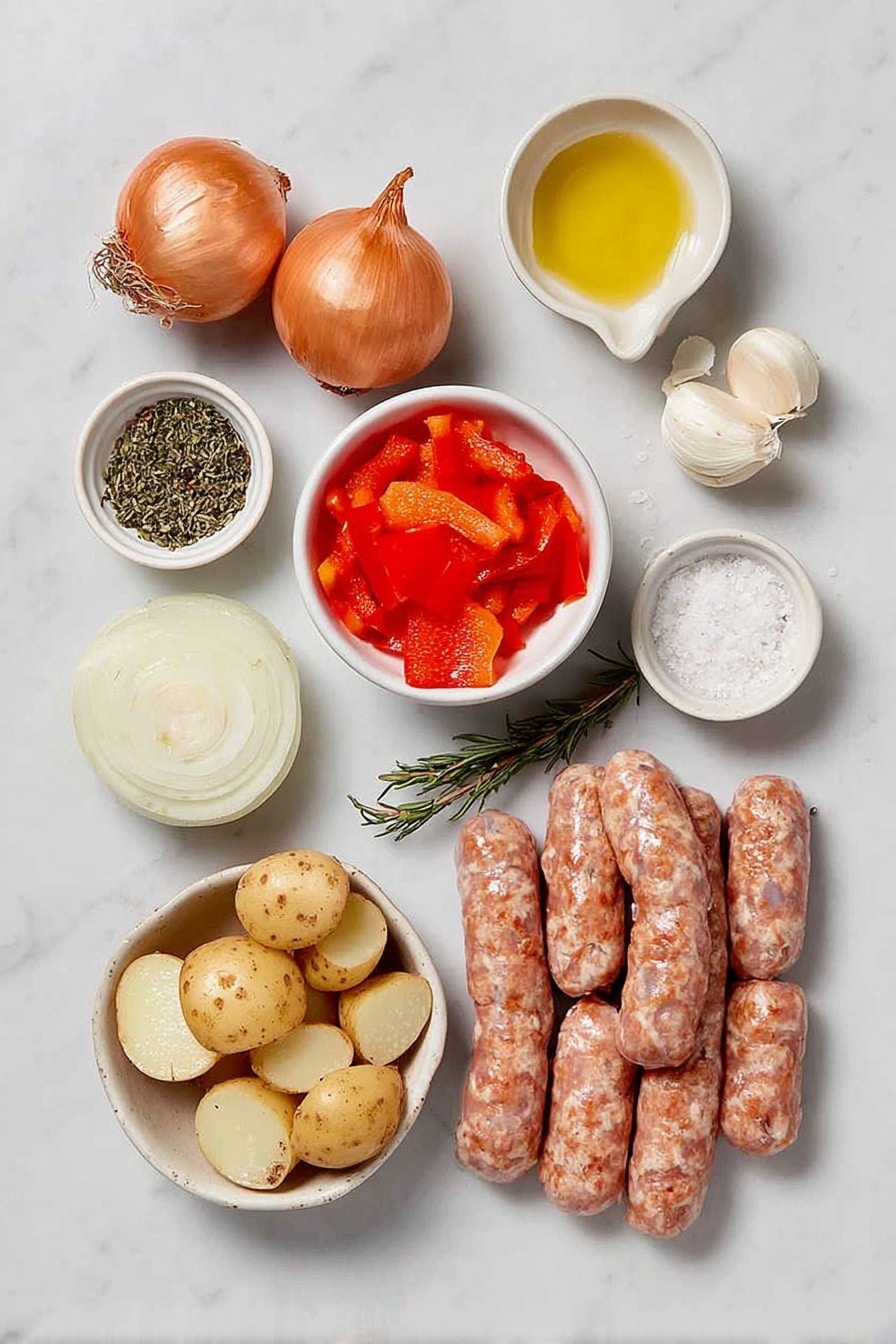 Flat lay of fresh halved baby potatoes, two large peeled onion wedges, two chopped red bell peppers, six whole garlic cloves, a small white ceramic bowl of olive oil, a small white ceramic bowl of dried thyme, a small white ceramic bowl of dried basil, a small white ceramic bowl of dried rosemary, a small white ceramic bowl of salt, a small white ceramic bowl of freshly ground black pepper, twelve whole uncracked sweet Italian sausages, and a small white ceramic bowl of dry white wine, all arranged symmetrically and proportionally on a clean white marble surface, soft natural light, photo taken with an iPhone, professional food photography style, fresh ingredients, white ceramic bowls, no bottles, no duplicates, no utensils, no packaging --ar 2:3 --v 7 --p m7354615311229779997 - Oven-Roasted Sausage and Potatoes, sausage and potatoes dinner, easy roasted sausage recipe, hearty baked sausage with veg, simple oven roast dish
