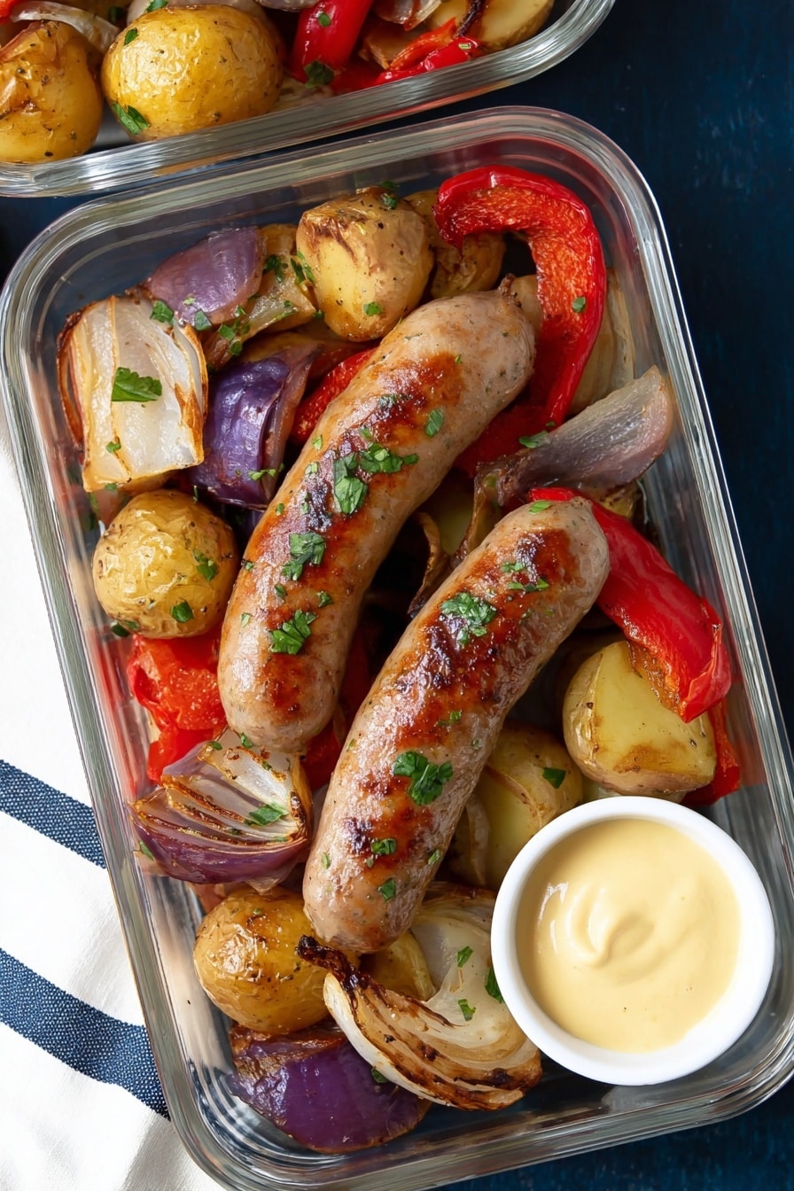 The image shows a white rectangular glass container filled with two grilled sausages placed on top. Underneath the sausages, there are several golden roasted small potatoes, soft cooked white and purple onion pieces, and chunks of roasted red pepper. A small white round container with creamy pale yellow mustard sauce is placed near the bottom right inside the glass container. The sausages have a slightly browned texture with some green herbs sprinkled on top. The background features a dark blue surface and a white cloth with navy stripes nearby. Photo taken with an iphone --ar 2:3 --v 7 - Oven-Roasted Sausage and Potatoes, sausage and potatoes dinner, easy roasted sausage recipe, hearty baked sausage with veg, simple oven roast dish