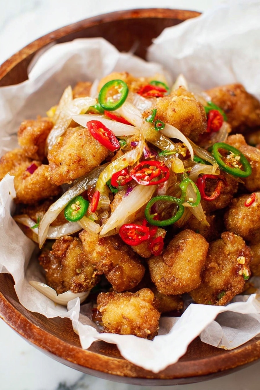The image shows a deep wooden bowl lined with crumpled white paper filled with golden-brown fried chicken pieces. Mixed within the chicken are thin slices of translucent white onions, bright red chili peppers, and thin green chili slices, adding a fresh and colorful contrast. The fried chicken pieces have a crunchy texture with some visible seasoning. The dish sits on a white marbled surface. Photo taken with an iphone --ar 2:3 --v 7 - Salt and Chili Crispy Chicken, crispy chili chicken recipe, spicy crispy chicken, Asian fried chicken, easy flavorful chicken dinner
