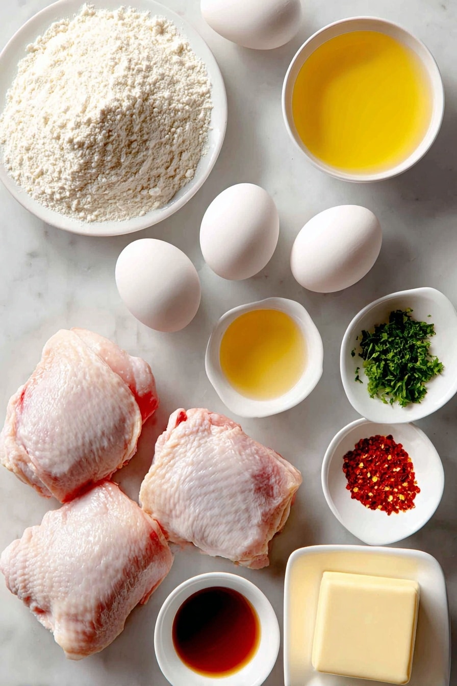 Flat lay of fresh skinless boneless chicken thighs arranged neatly, a small mound of fine cornflour on a white ceramic plate, a few whole white eggs with clean shells, a small white bowl of golden honey, another small white bowl filled with light amber chicken stock, a small white bowl with clear rice vinegar, a small white bowl of dark light soy sauce, a few bright red chili flakes sprinkled on a white ceramic dish, fresh green parsley sprigs finely chopped on a small white plate, four whole garlic cloves unpeeled, a small pool of golden vegetable oil on a white ceramic dish, a small square of unsalted butter on a white ceramic plate, steamed white rice served simply on a white ceramic plate, all arranged with perfect symmetry and balanced spacing, placed on a clean white marble surface, soft natural light, photo taken with an iPhone, professional food photography style, fresh ingredients, white ceramic bowls, no bottles, no duplicates, no utensils, no packaging --ar 2:3 --v 7 --p m7354615311229779997 - Honey Garlic Chicken Thighs, Honey Garlic Chicken Thighs recipe, Easy chicken dinner ideas, Quick weeknight chicken, Juicy chicken thigh recipes