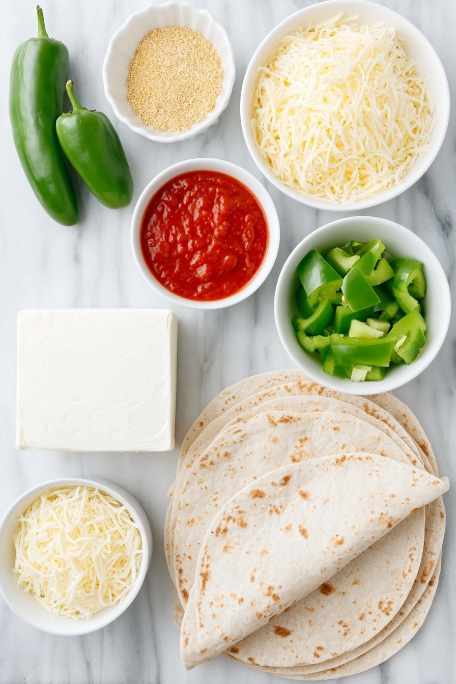 Flat lay of a small block of cream cheese at room temperature, a small white ceramic bowl filled with golden breadcrumbs, a small white ceramic bowl with bright red hot sauce, half of a red bell pepper chopped into pieces, half of a green bell pepper chopped into pieces, one fresh jalapeno pepper chopped, three whole ancient grain whole wheat tortillas stacked neatly, a small white ceramic bowl filled with shredded cheddar cheese, all ingredients arranged symmetrically in perfect proportions, placed on a clean white marble surface, soft natural light, photo taken with an iPhone, professional food photography style, fresh ingredients, white ceramic bowls, no bottles, no duplicates, no utensils, no packaging --ar 2:3 --v 7 --p m7354615311229779997 - Cheesy Spicy Cream Cheese Burritos, spicy cheese burritos, easy burrito recipe, flavorful quick snacks, creamy cheesy wraps