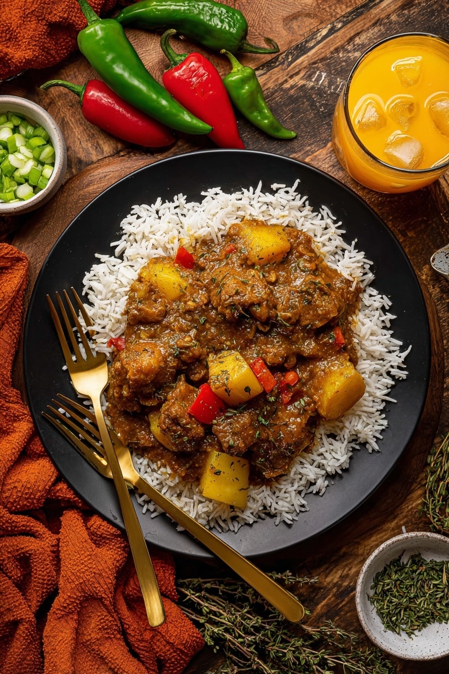 A black plate holds a bed of white rice as the base layer, topped with a thick, rich brown stew containing visible chunks of chicken, yellow potatoes, and red peppers mixed with herbs and spices. The stew has a slightly glossy, textured sauce coating the ingredients. Two golden forks rest on opposite sides of the plate. Surrounding the plate on a wooden table are a glass of orange juice with ice, whole green and red chili peppers, chopped green onions in a small white bowl, sprigs of thyme, and an orange cloth. The scene is warm and rustic with detailed textures and colors. Photo taken with an iphone --ar 2:3 --v 7 - Jamaican Curry Chicken, Jamaican Curry Chicken flavorful recipe, Caribbean spicy chicken dish, easiest Jamaican curry chicken, homemade Jamaican curry chicken